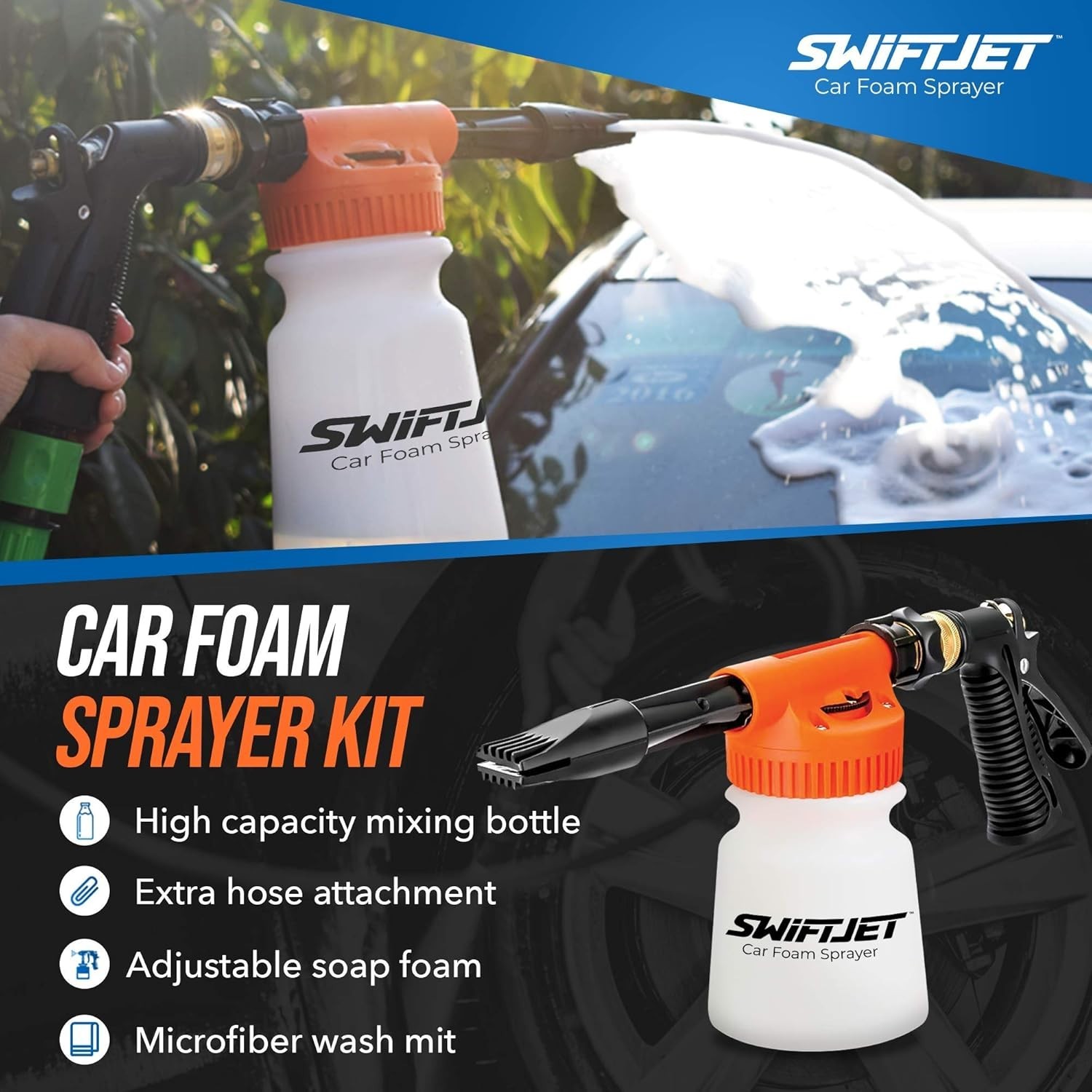 Foam Cannon Car Wash Kit – Adjustable Foam Gun & Microfiber Mitt Included