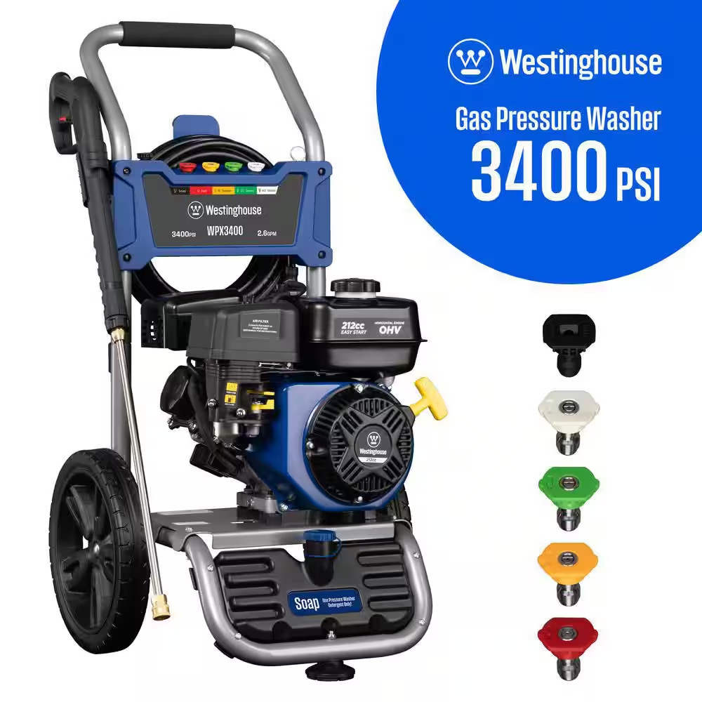3400 PSI 2.6 GPM Gas Powered Axial Cam Pump Cold Water Pressure Washer with Soap