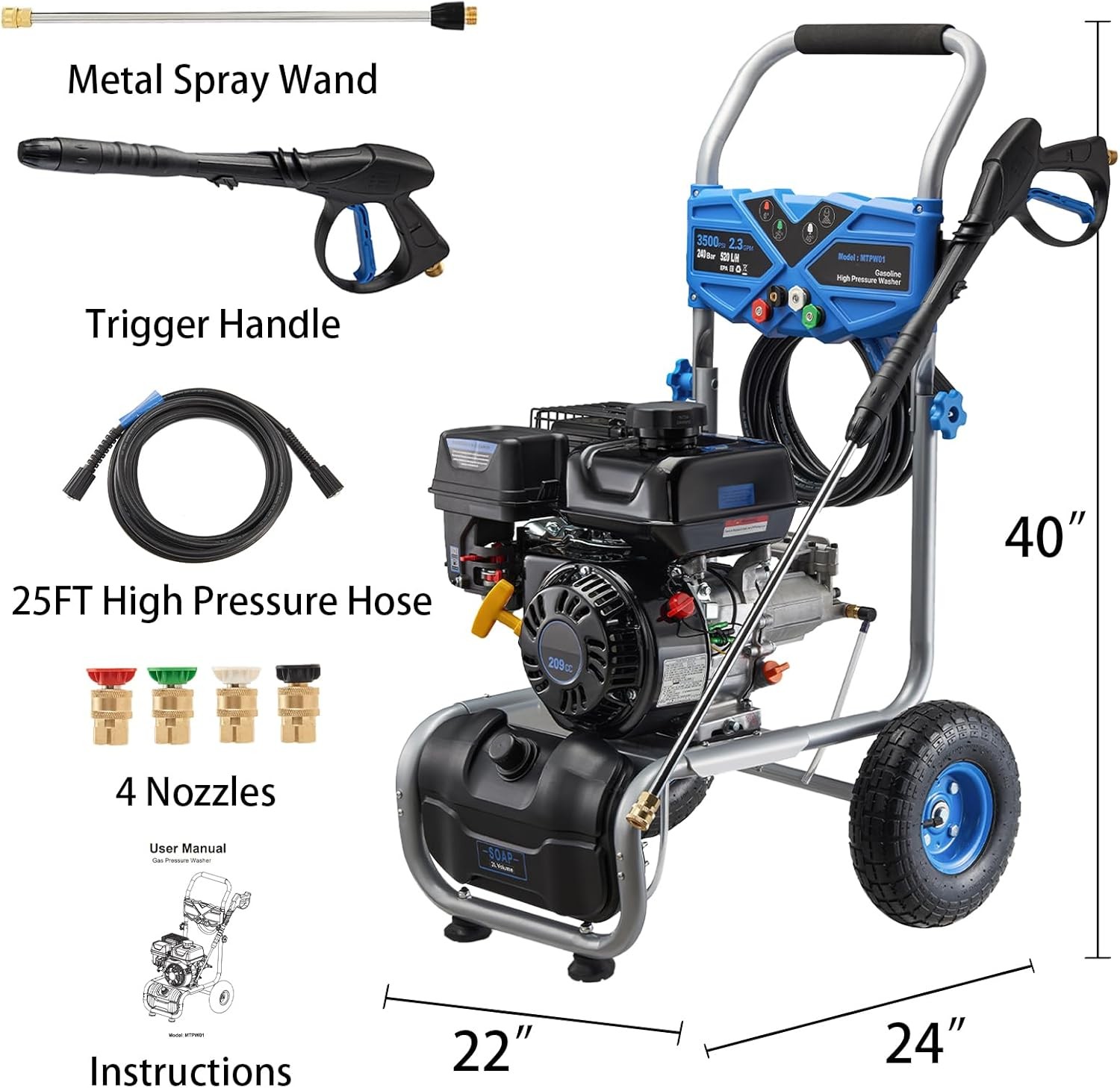 Gas High Pressure Washers 3500 PSI 2.3GPM Gas Powered Washer 209CC 25 FT Hose