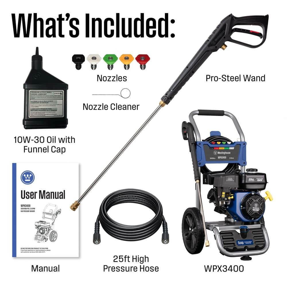 3400 PSI 2.6 GPM Gas Powered Axial Cam Pump Cold Water Pressure Washer with Soap