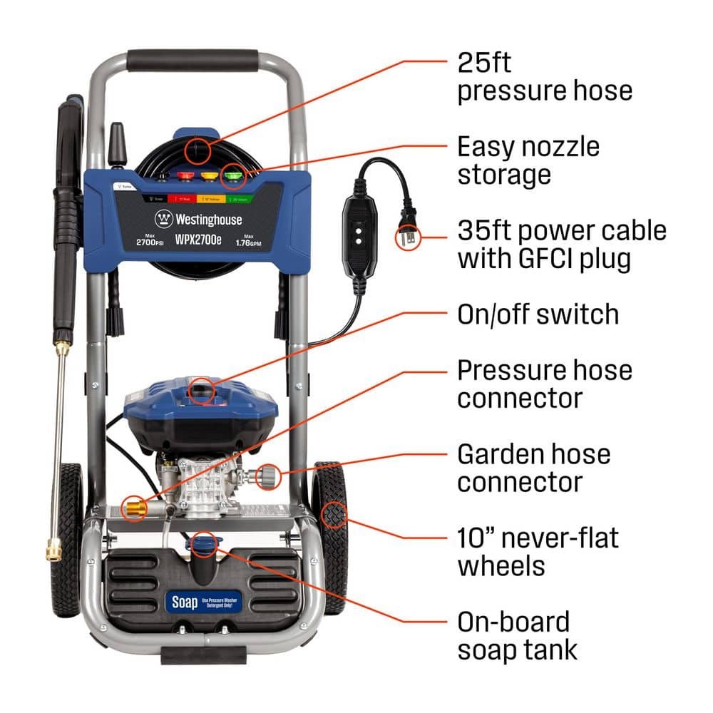 Electric Pressure Washer 2700 PSI 1.76 GPM with Turbo Nozzle, 5 Tips