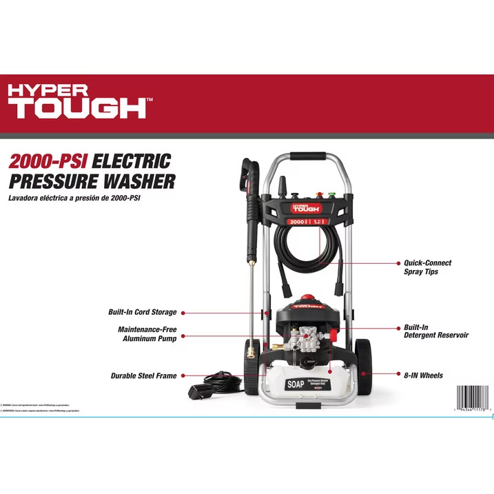 Hyper Tough Electric Pressure Washer, 2000 PSI, 1.2 GPM, 1800W Motor, Cold
