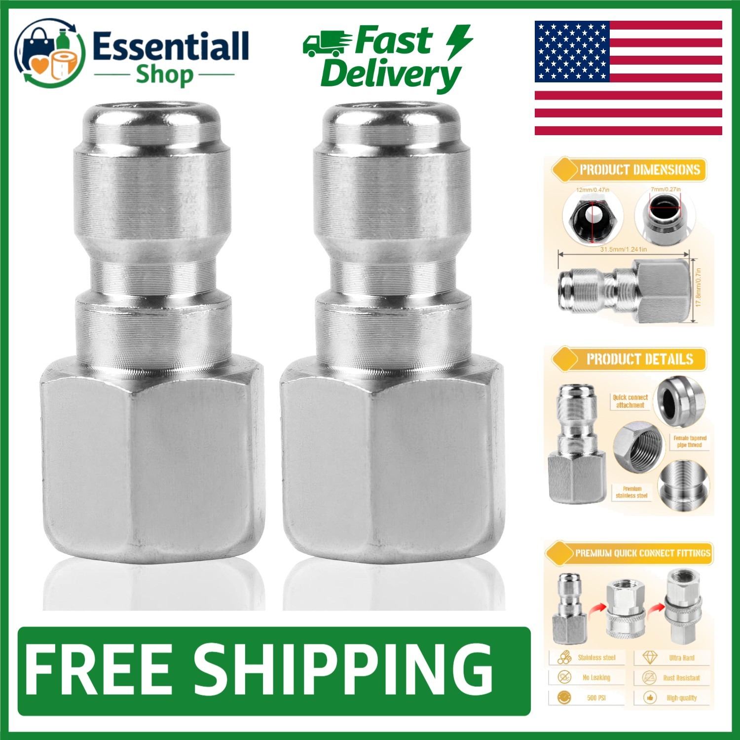 2Pcs Pressure Washer Coupler Set – 1/4″ & 3/8″ Male Plugs for Quick Connections