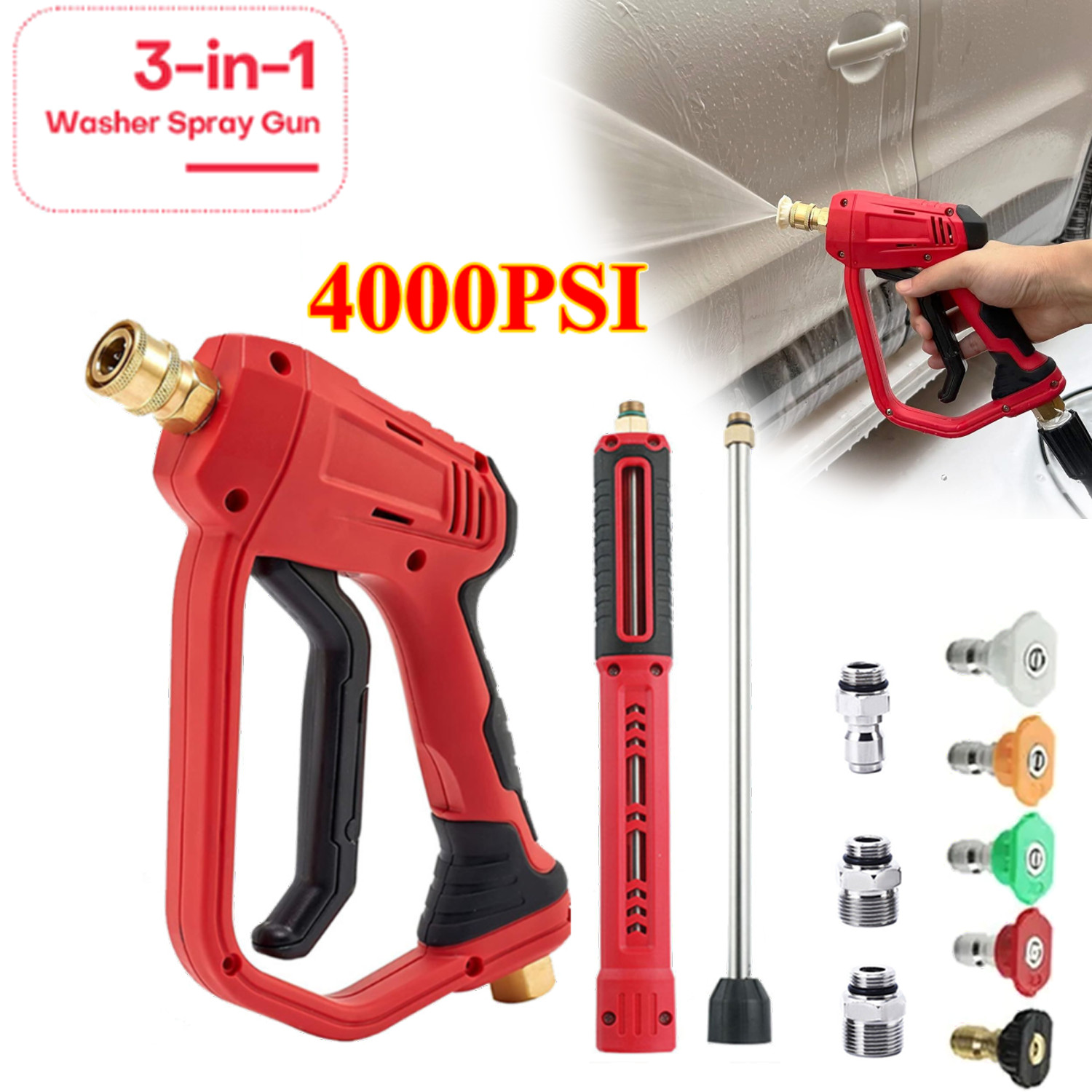 High Pressure 4000PSI Car Power Washer Gun Spray Wand Lance With 5 Nozzle Kit