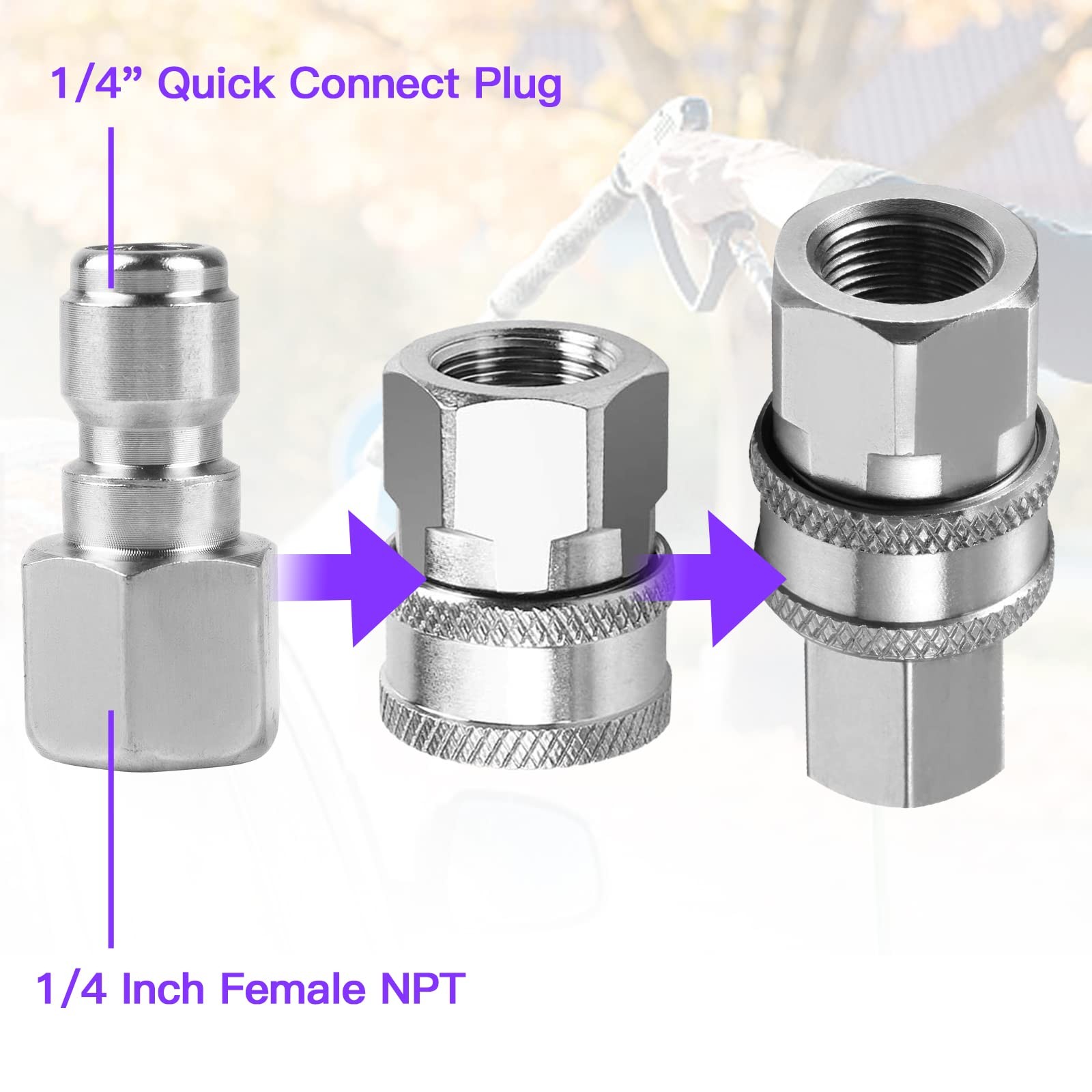 2 Pcs Stainless Steel Pressure Washer Coupler 1/4 Inch Female NPT Fitting