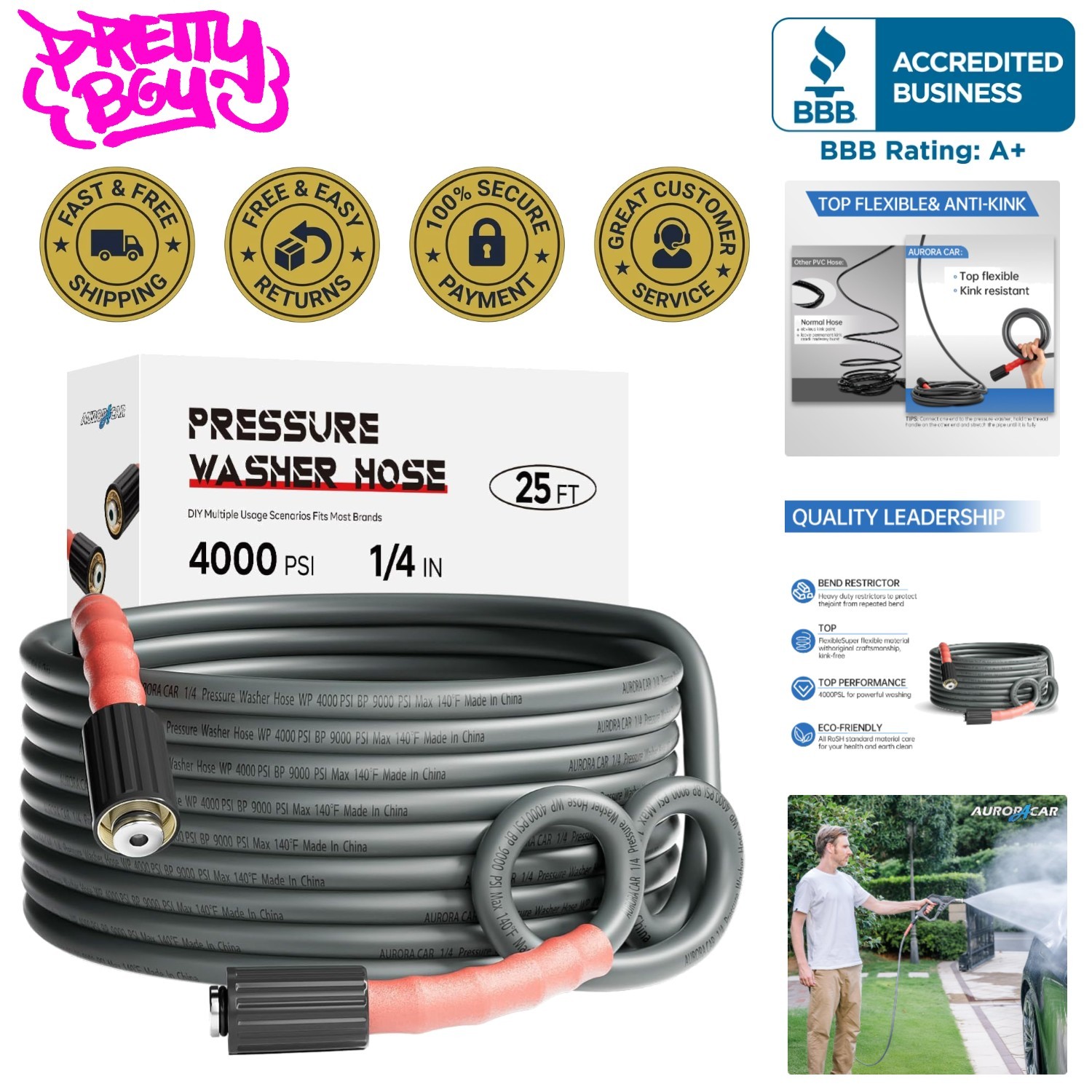 25FT Kink-Resistant Pressure Washer Hose – 4000 PSI, M22 Compatible