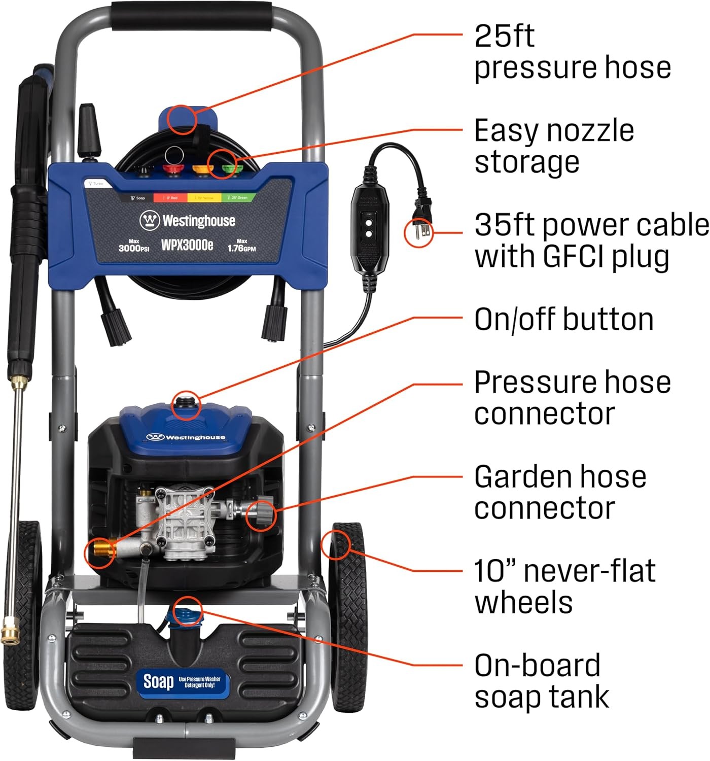 Westinghouse Wpx3000E Electric Pressure Washer, 3000 Max PSI and 1.76 Max GPM