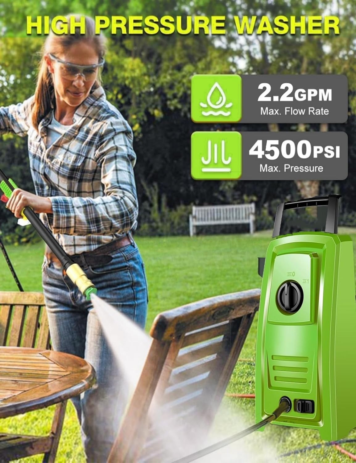 4500PSI Elecrtric Power Washer Small Portable Pressure Washer 20FT Hose, 4 Nozzl