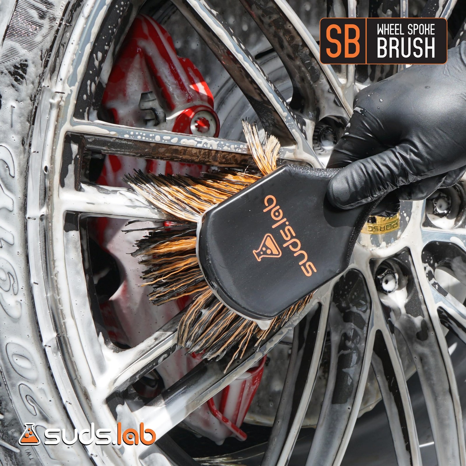 Suds Lab SB Wheel Spoke Tire Brush, Soft Bristle Black and Brown