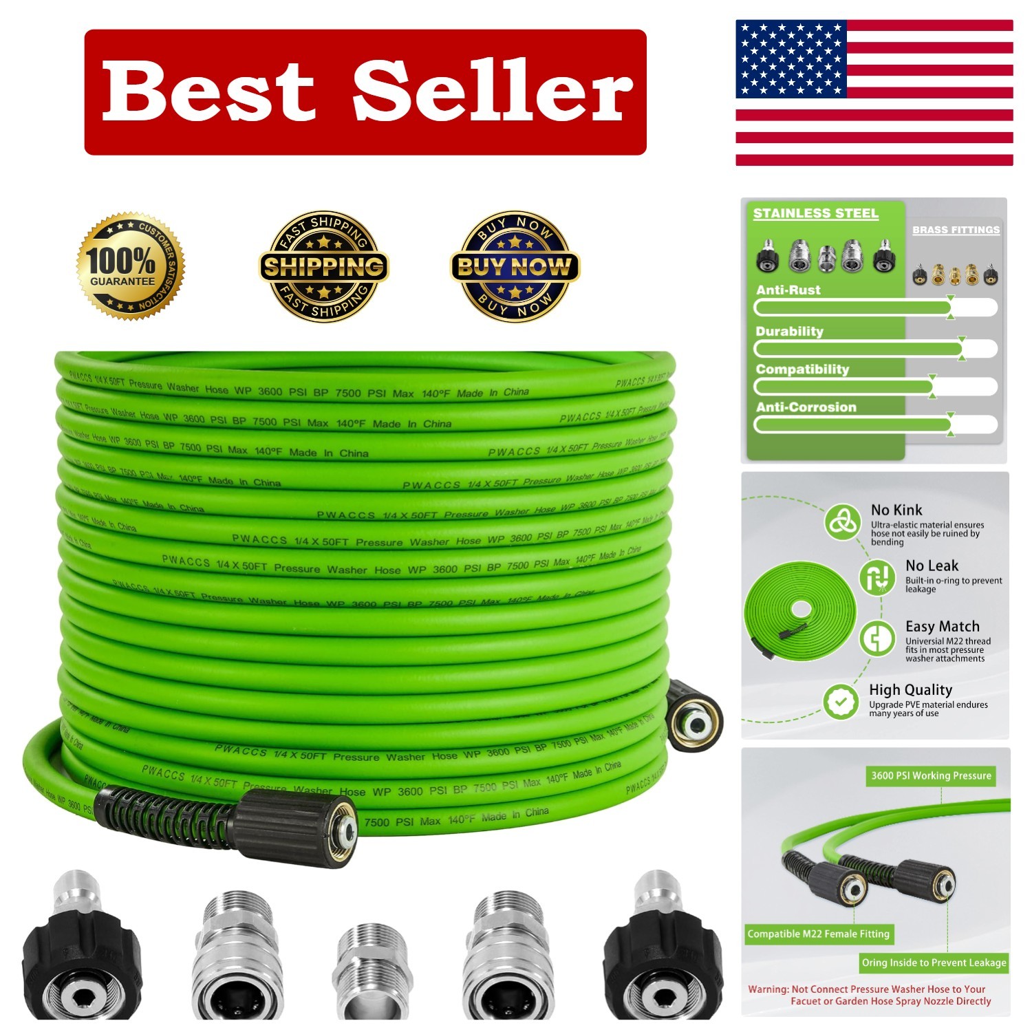High-Pressure 50 FT Pressure Washer Hose – Durable & Kink Free M22 Fittings