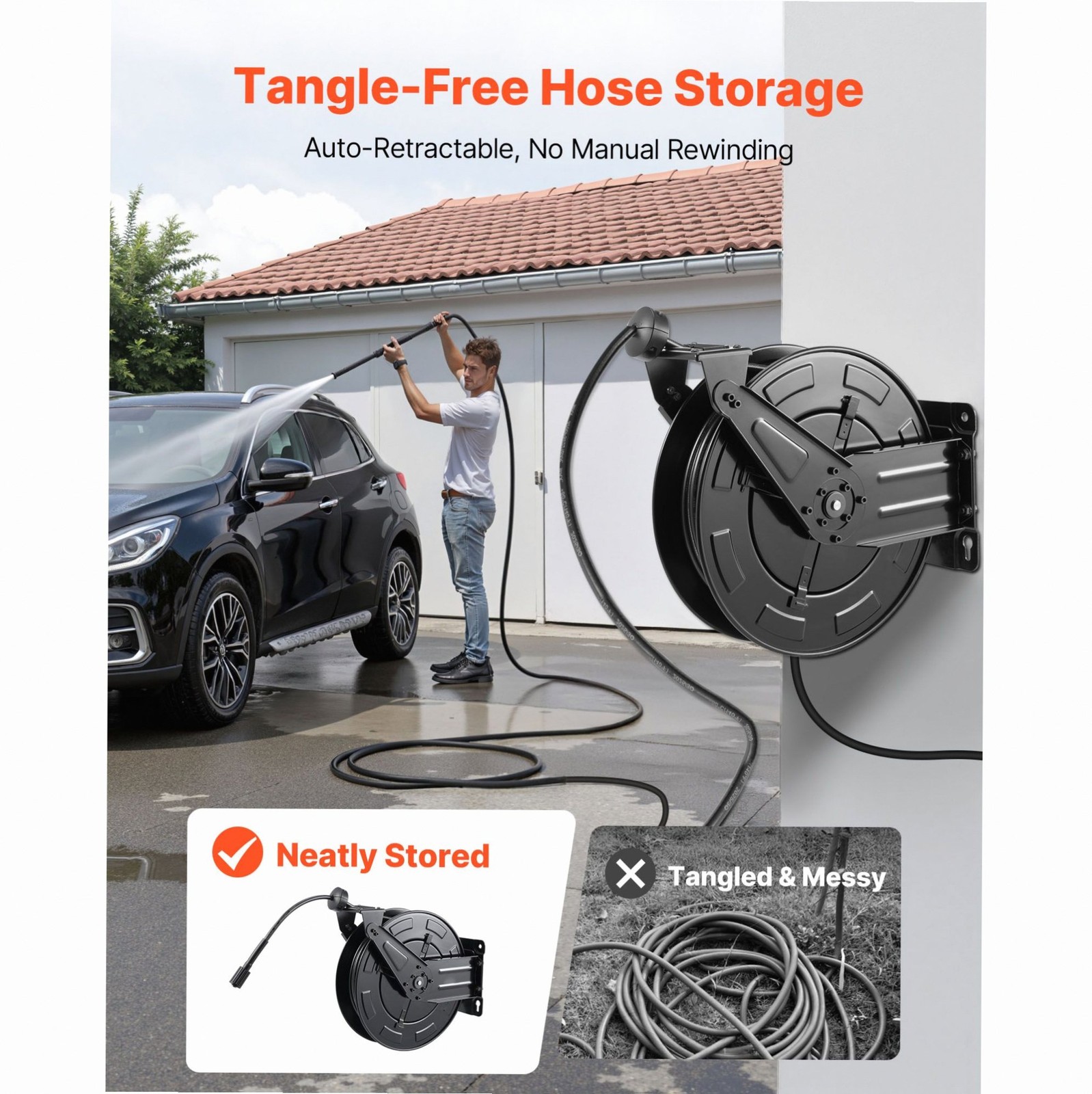 Pressure Washer Hose Reel 50ft 3/8in Auto-Rewind 4000PSI