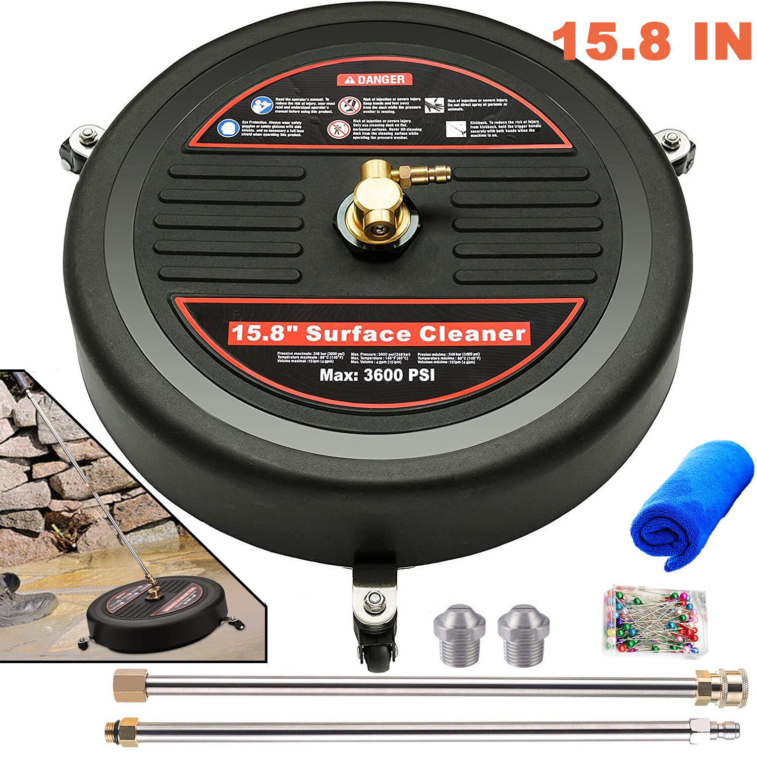 15.8″ Hot Cold Pressure Washer Surface Cleaner Attachment 3600 PSI Rating+2 Wand