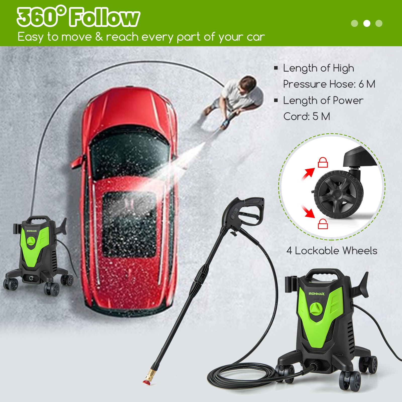 3 Self-Priming Ways Electric Pressure Washer w/ 4 Universal Wheels, 4 Nozzles