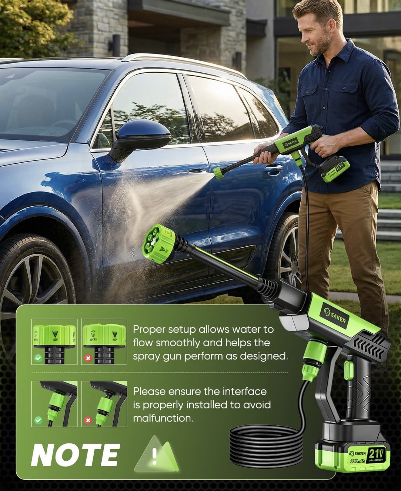 Cordless Pressure Washer,1300PSI Portable Pressure Washer 6-1 Nozzle By Saker