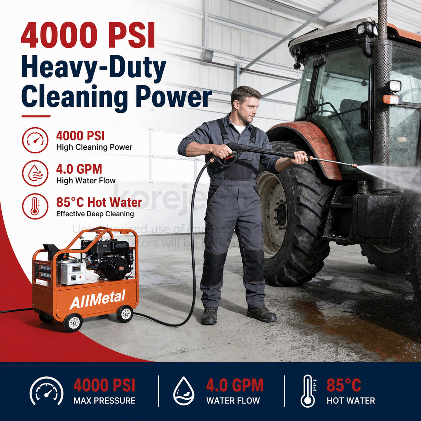 Pressure Washer：4000 PSI 4 GPM Hot Water 4-Stroke Gasoline Power Korejetmetal