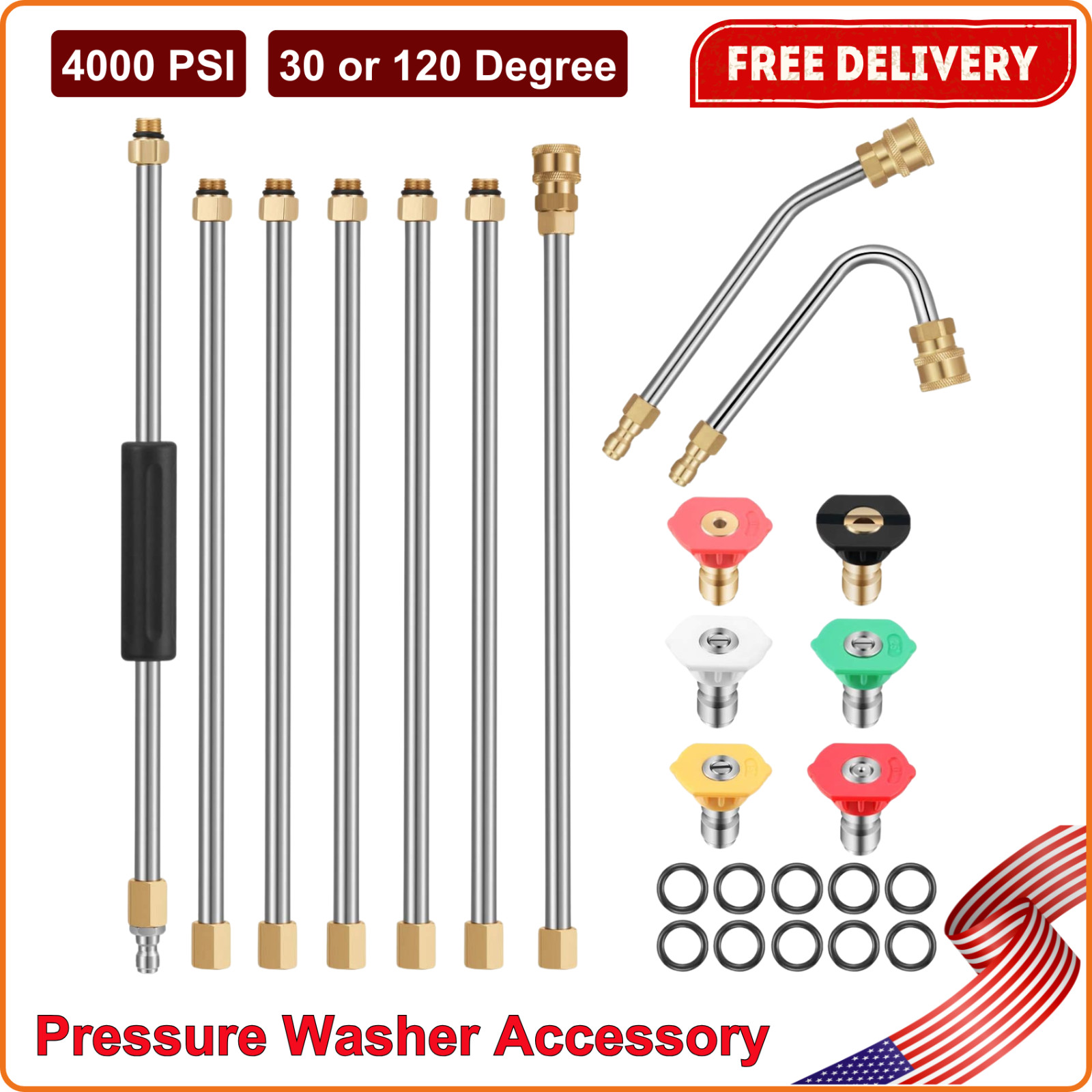7 PCS Pressure Washer Accessory Set – 10ft Replacement Lance, Curved Rod 4000PSI