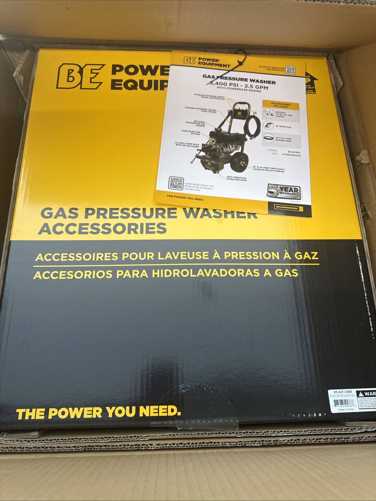 BE Power 3400 PSI 2.5 GPM Gas Pressure Washer 223cc Cold Water Axial Pump