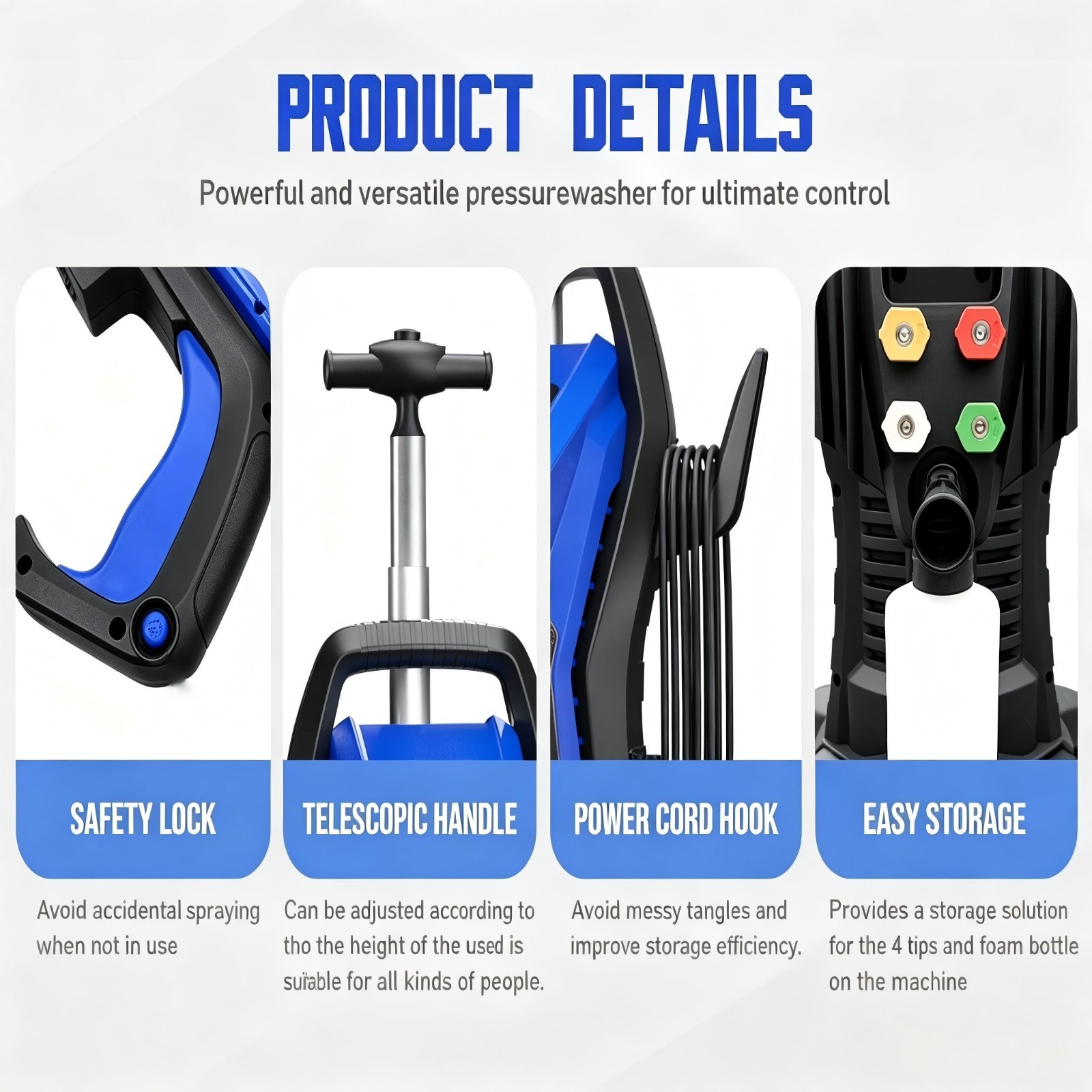 Pressure Washer 4500PSI 3.9GPM, 15-Level Touch, 4 Wheels, 4 Nozzles, for Car
