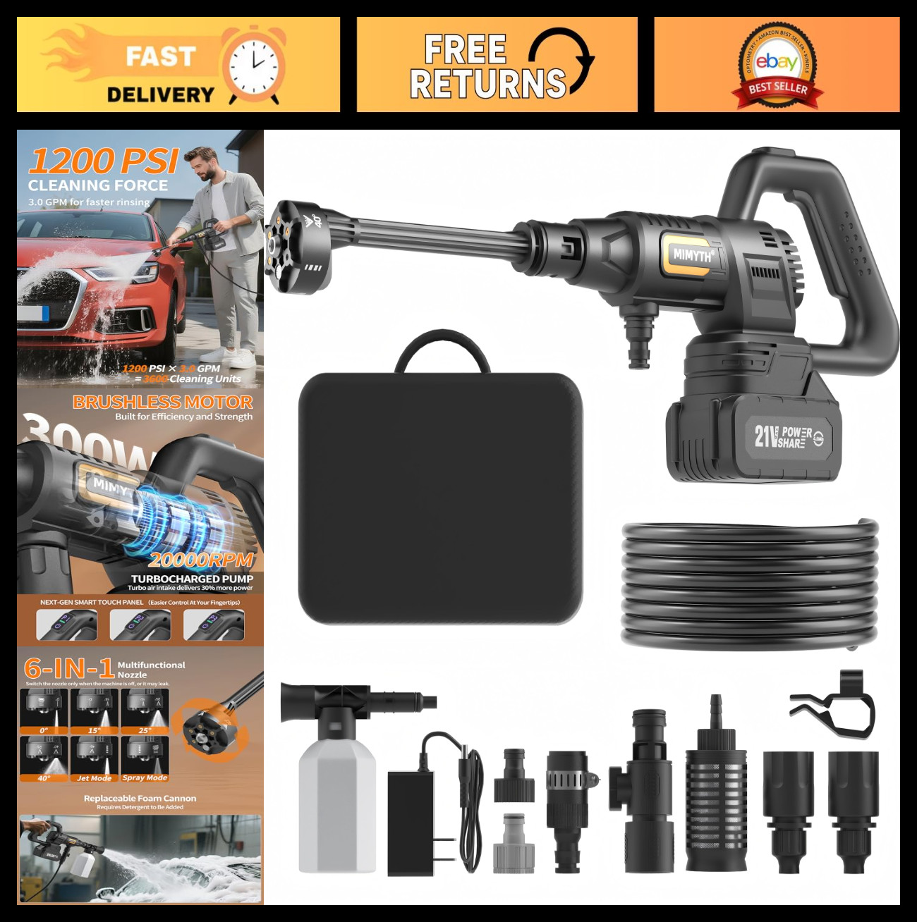 Cordless Pressure Washer 1200PSI, Battery Powered, Handheld, 4.0Ah, 6-in-1 Nozzl
