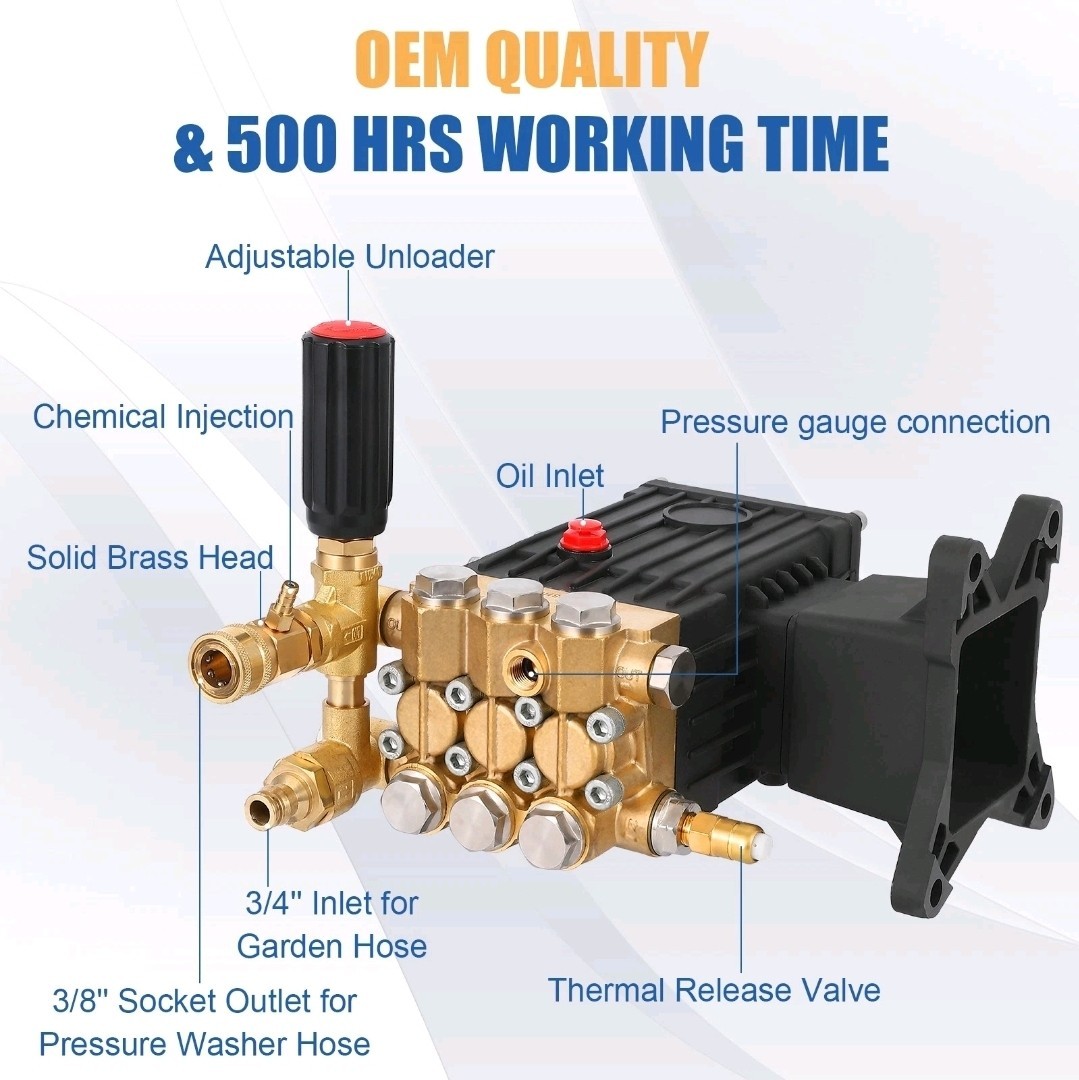 4000PSI 4.4GPM 1″Shaft Horizontal Triplex Plunger Power Washer Pressure Pump Kit