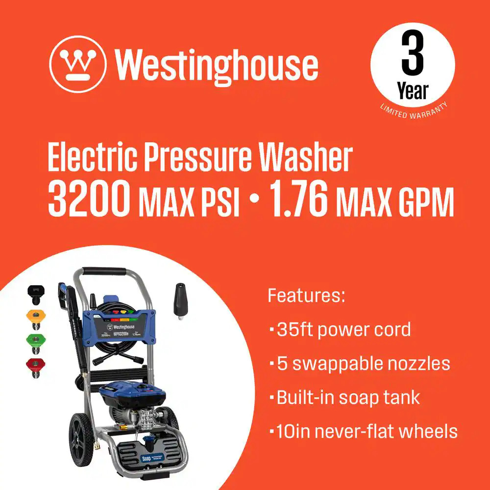 3200 PSI 1.76 GPM 13 Amp Cold Water Electric Powered Pressure Washer with Turbo