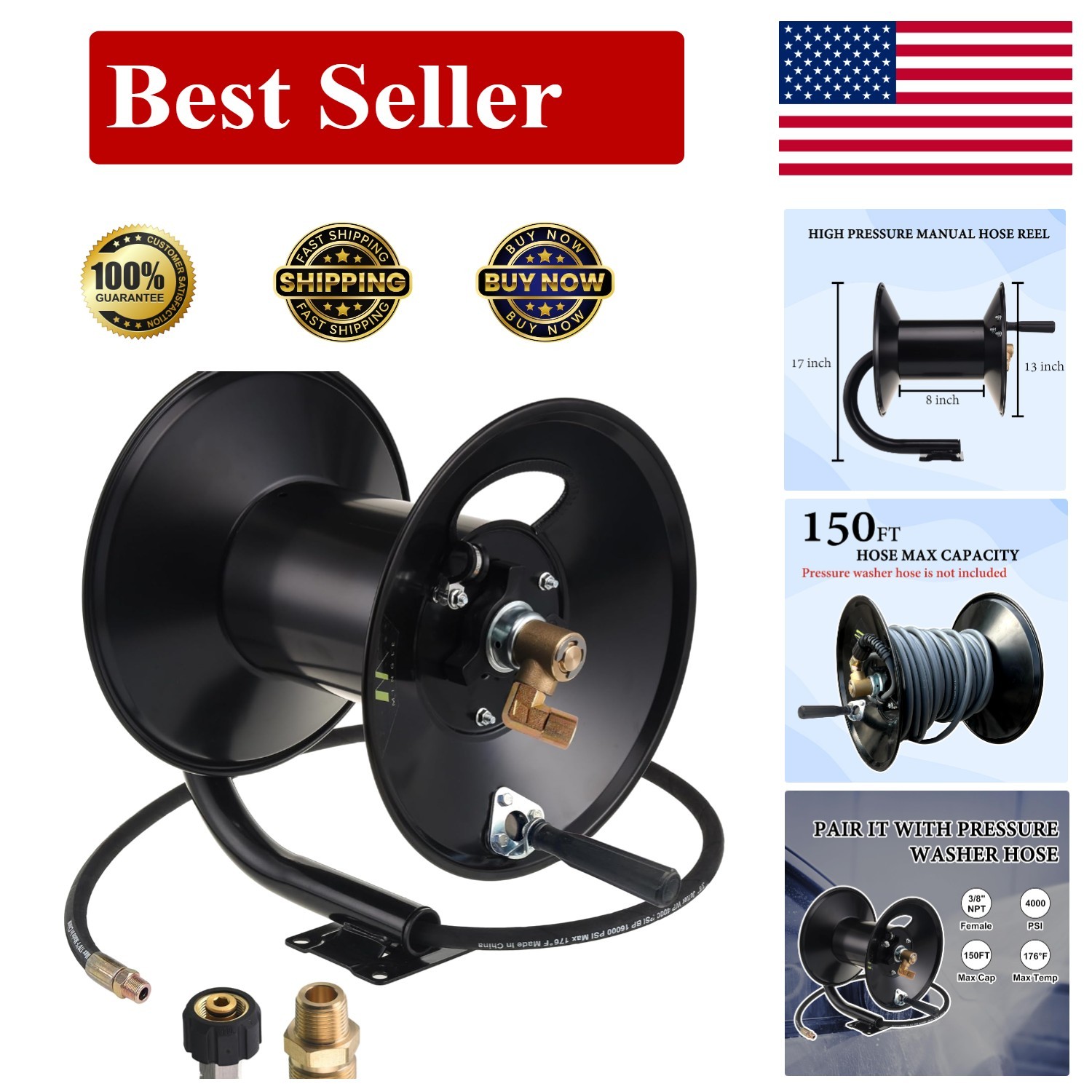 150ft Heavy Duty Pressure Washer Hose Reel with Manual Crank & Mounting Bracket