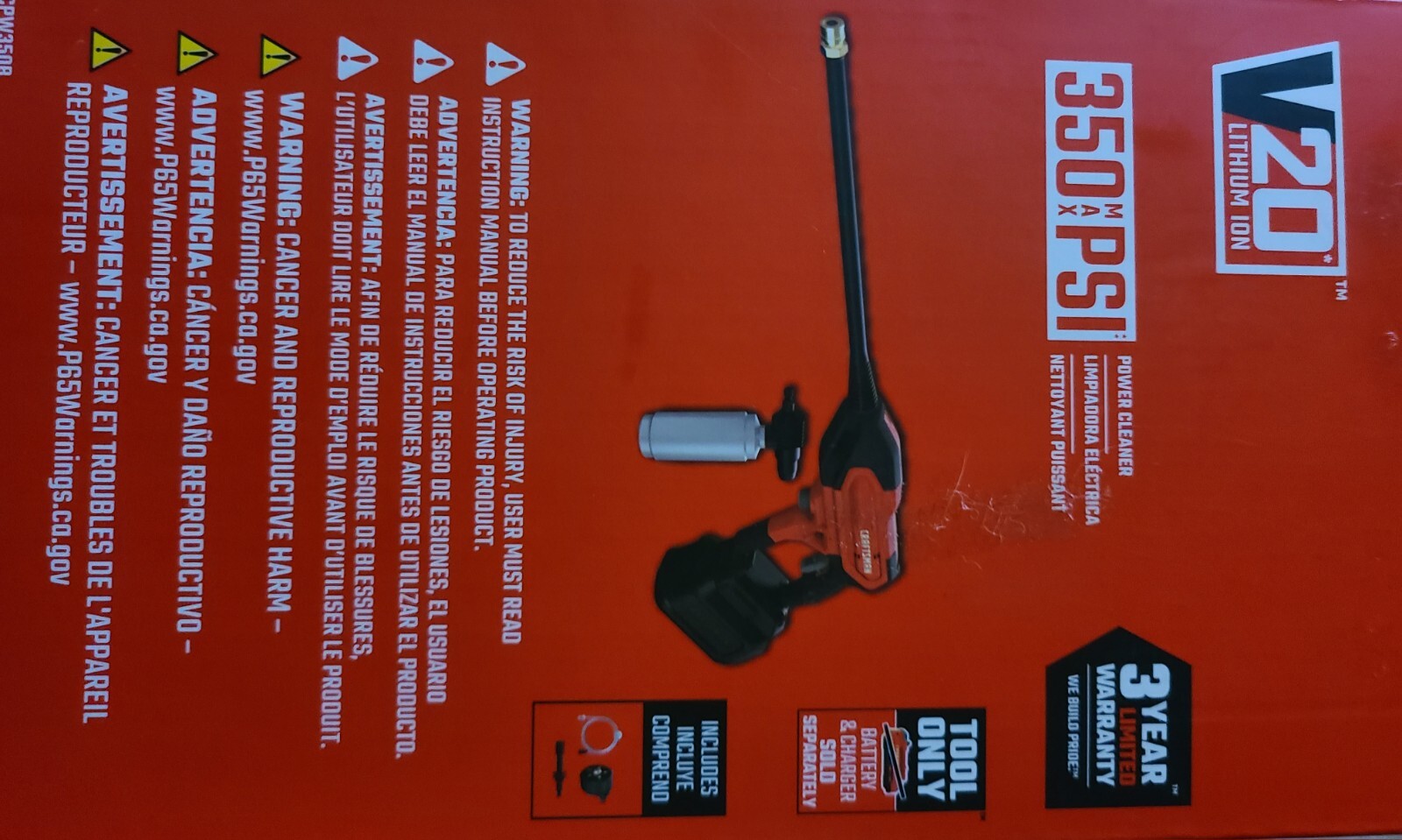Craftsman V20 Battery Powered Pressure Washer – 350 PSI- SEALED *ALSO TASK LIGHT