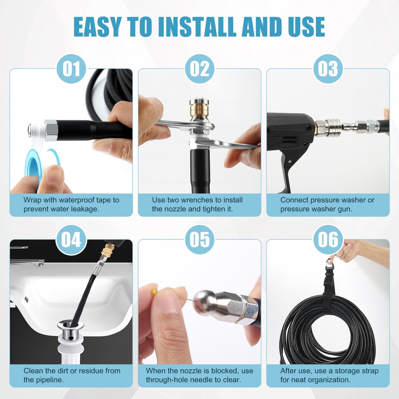 50FT Drain Jetter Kit for Pressure Washer, 5800 PSI, 4 Nozzles & 360° Rotating N