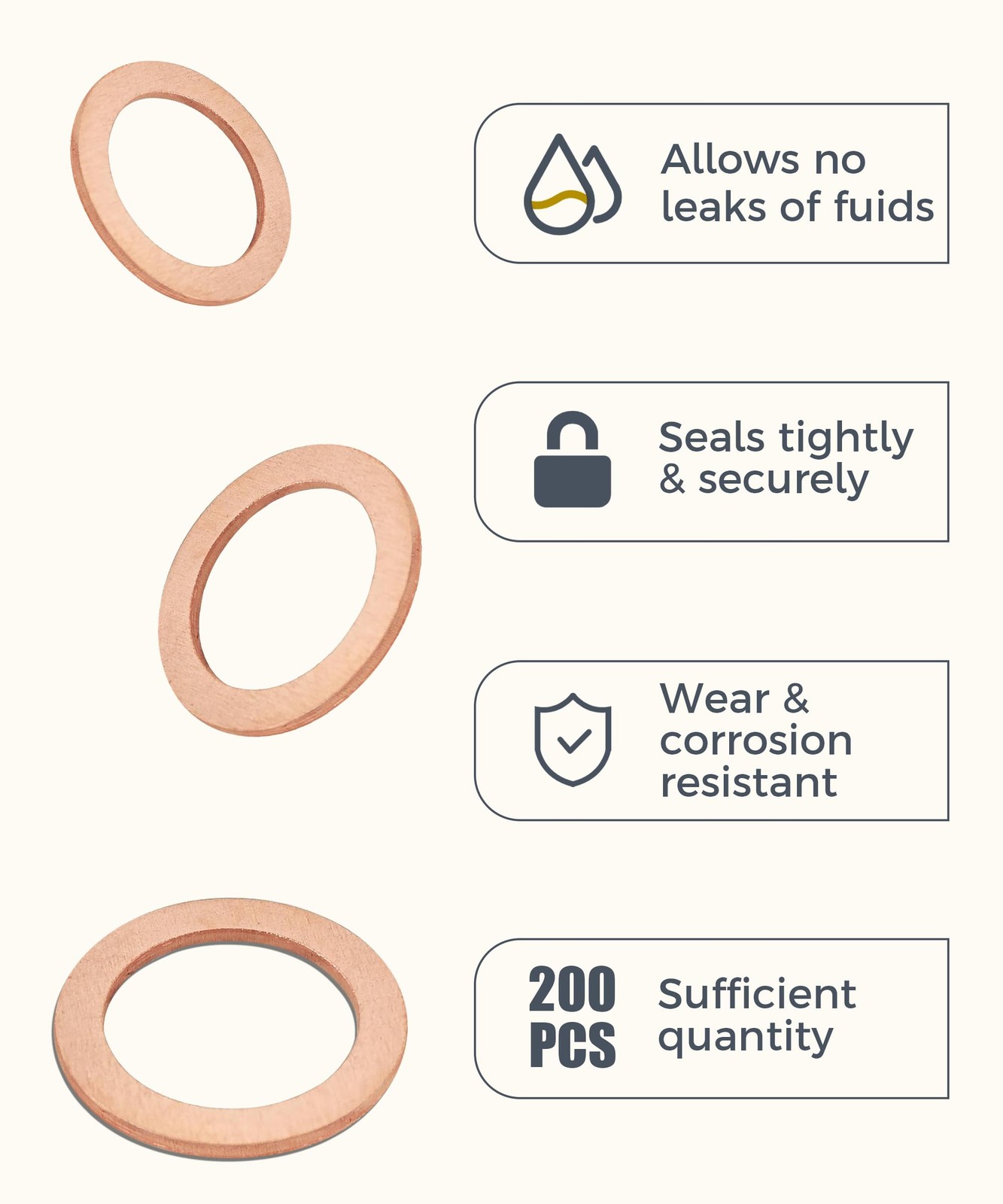 200 Pcs 9 Sizes Copper Metric Sealing Crush Washers Assortment Kit for Most Cars