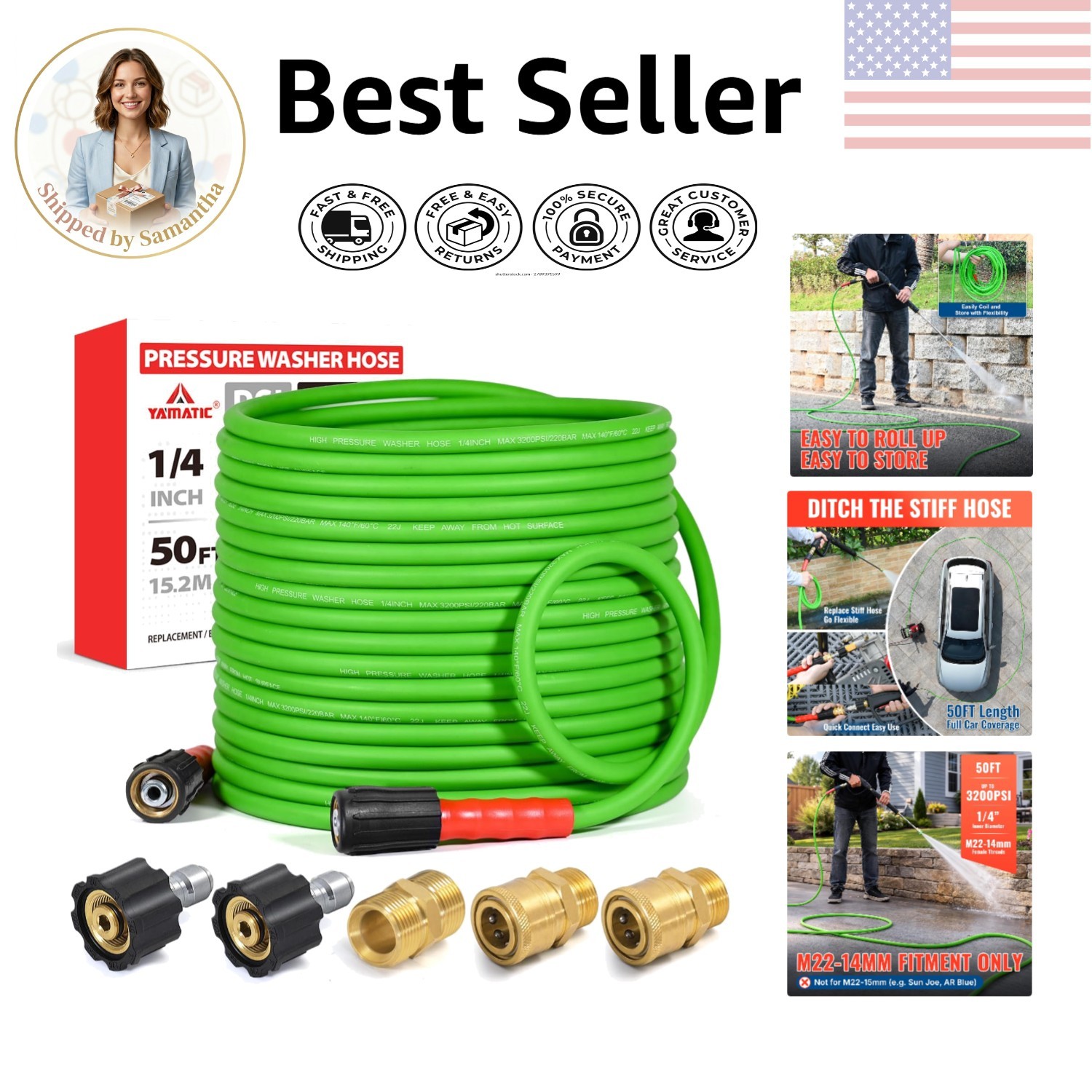 Super Flexible 50FT Pressure Washer Hose – 3200 PSI with Quick Connect Adapters