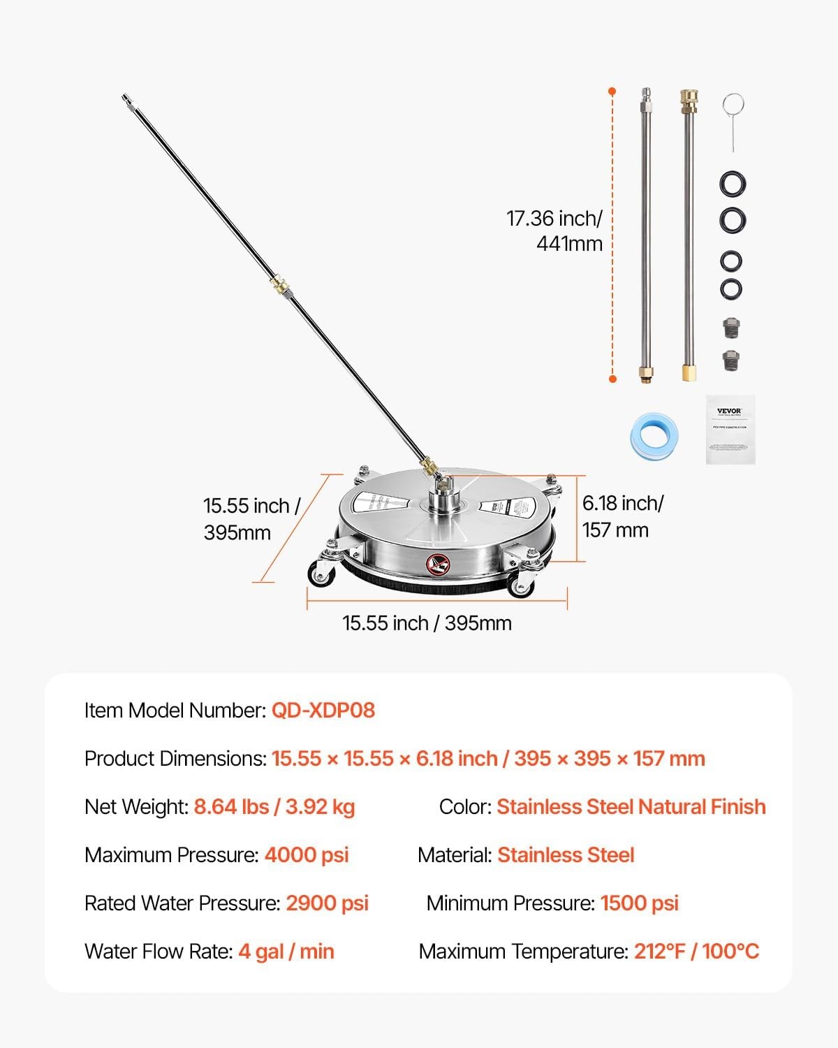 15″ Pressure Washer Surface Cleaner 4000PSI Stainless Steel with 2 Wands