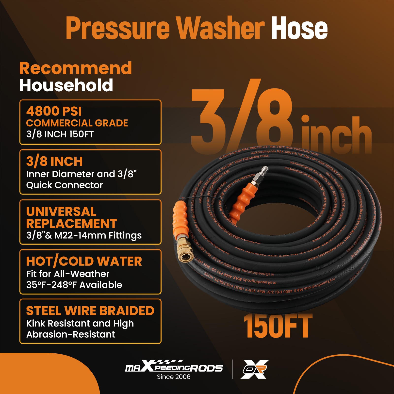 150FT Pressure Washer Hose 4800PSI Steel Wire Braid w/ 3/8″ M22-14mm Adapter