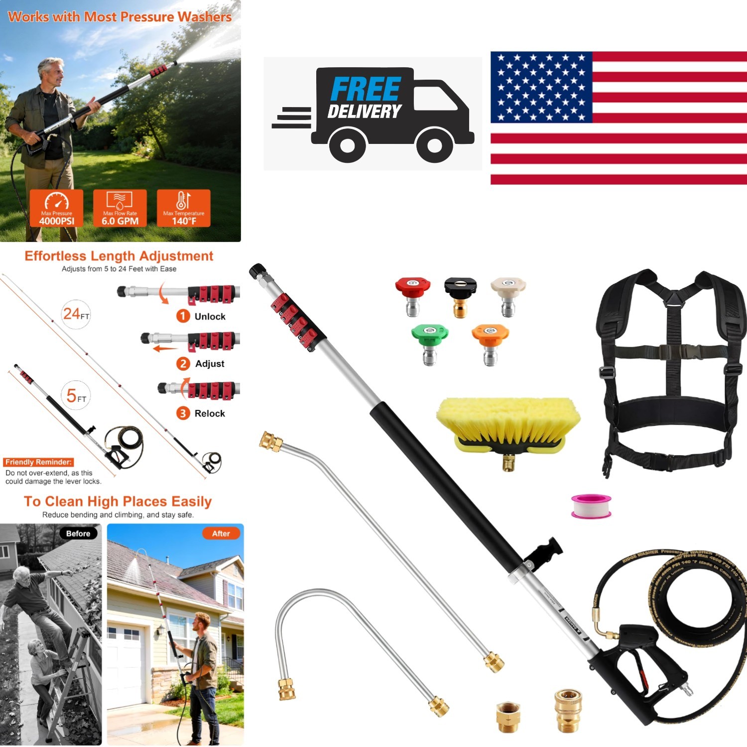 Lightweight 24 Feet Pressure Washer Extension Wand Ideal for Hard to Areas