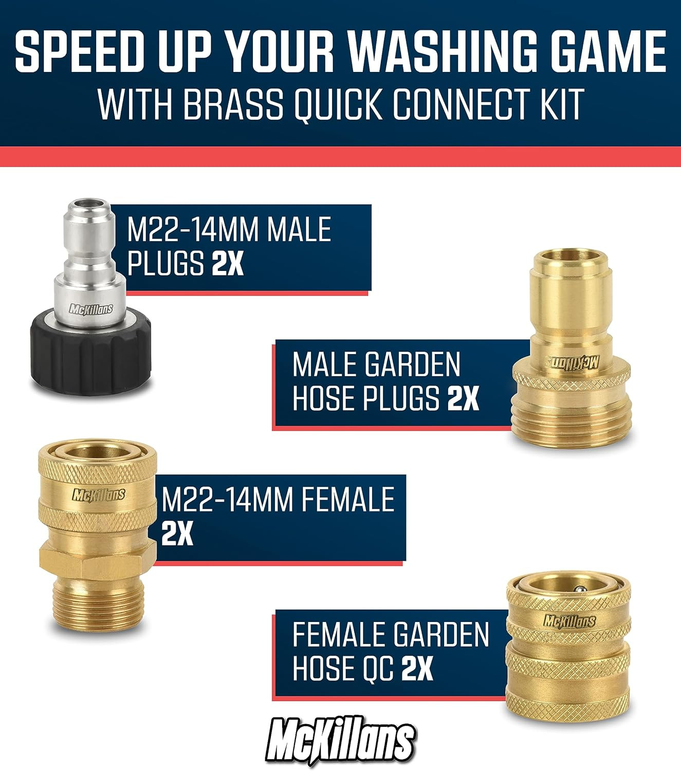 Mckillans® Pressure Washer Quick Connect Kit, M22-14Mm to 3/8″ Male Female Quick
