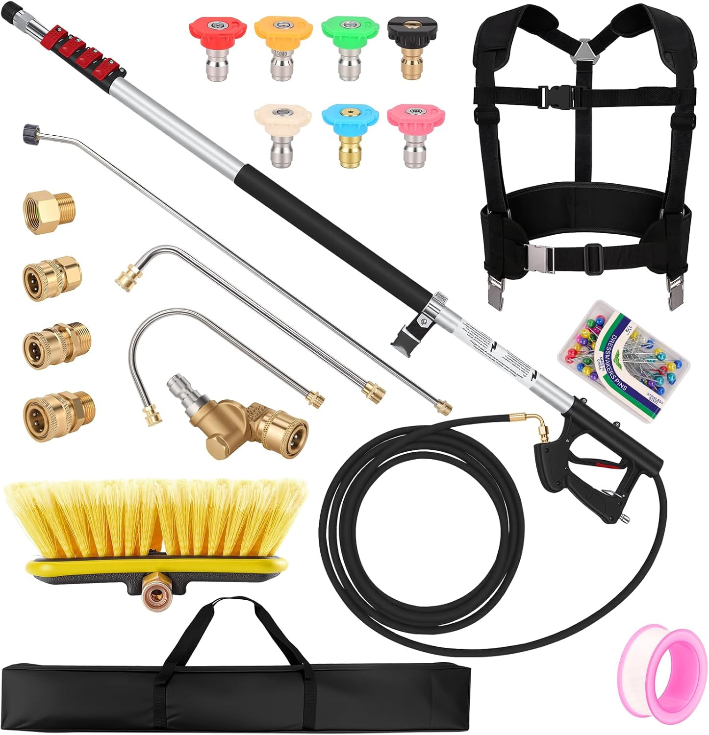 Telescoping Pressure Washer Wand 24 FT, Gutter Cleaning Tool with Brush, Power W