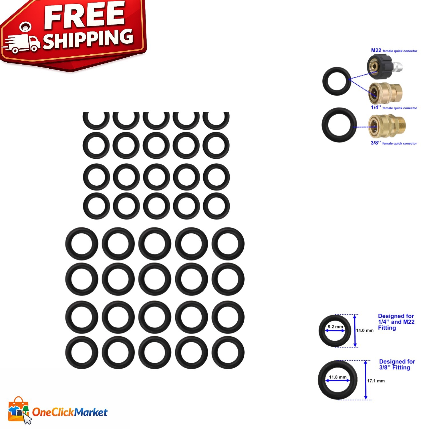 Pressure Washer O-Rings 40-Pack – Tear Resistant for 1/4” & 3/8” Fittings