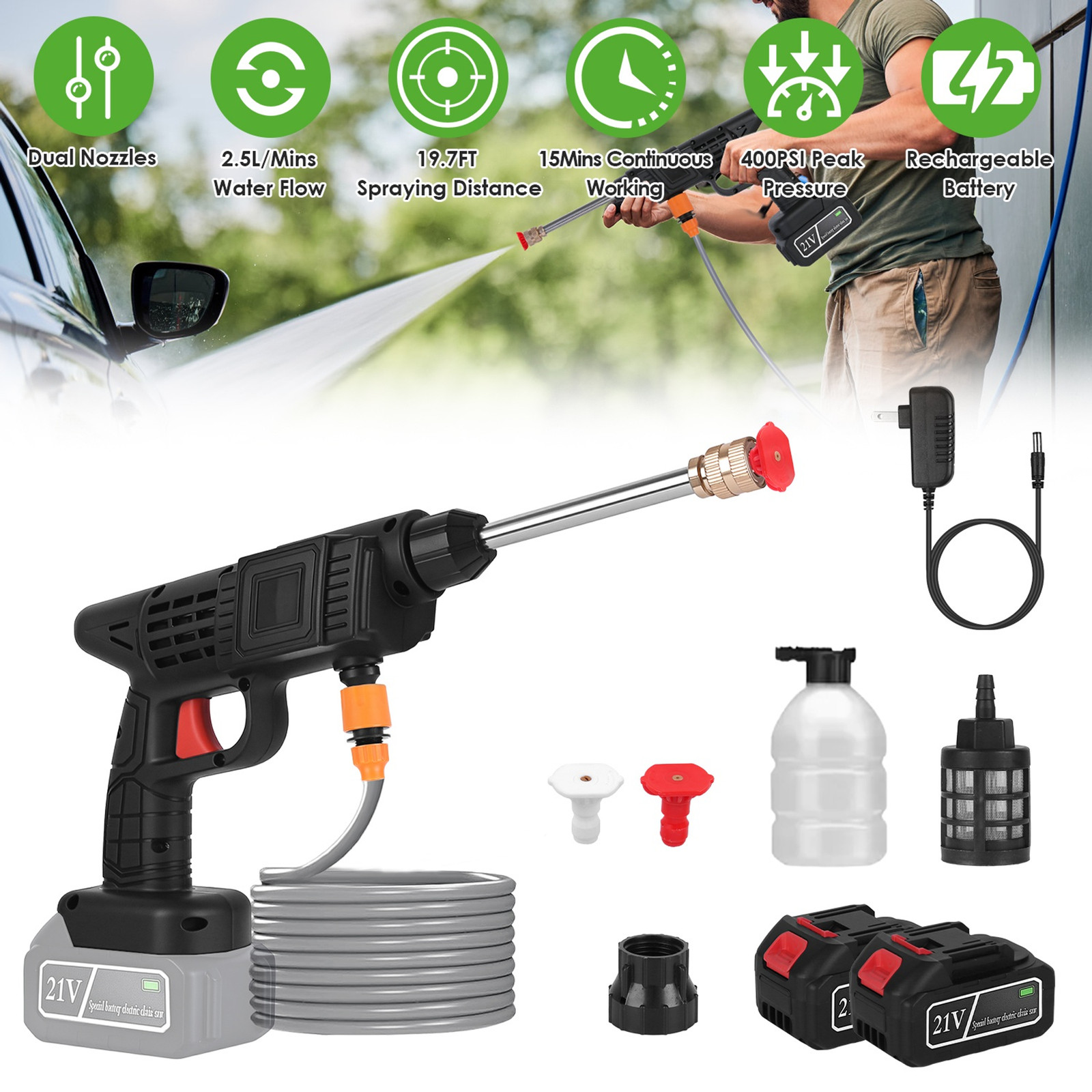 Cordless Pressure Washer Portable Electric Power Dual Nuzzal Fast Shipping