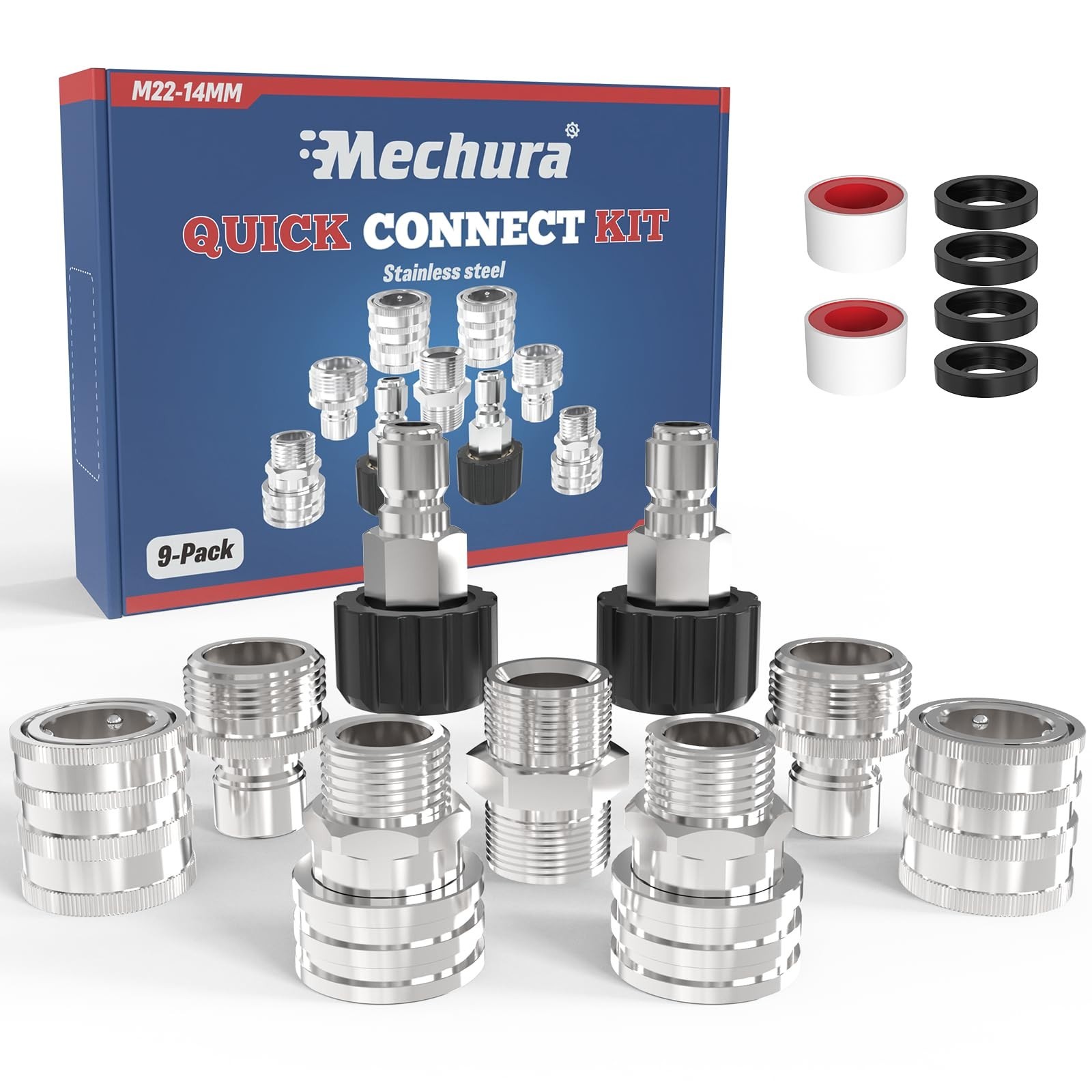 3/8″ Pressure Washer Quick Connect Kit, M22 Swivel Fitting & Adapter Set, 9 Pcs