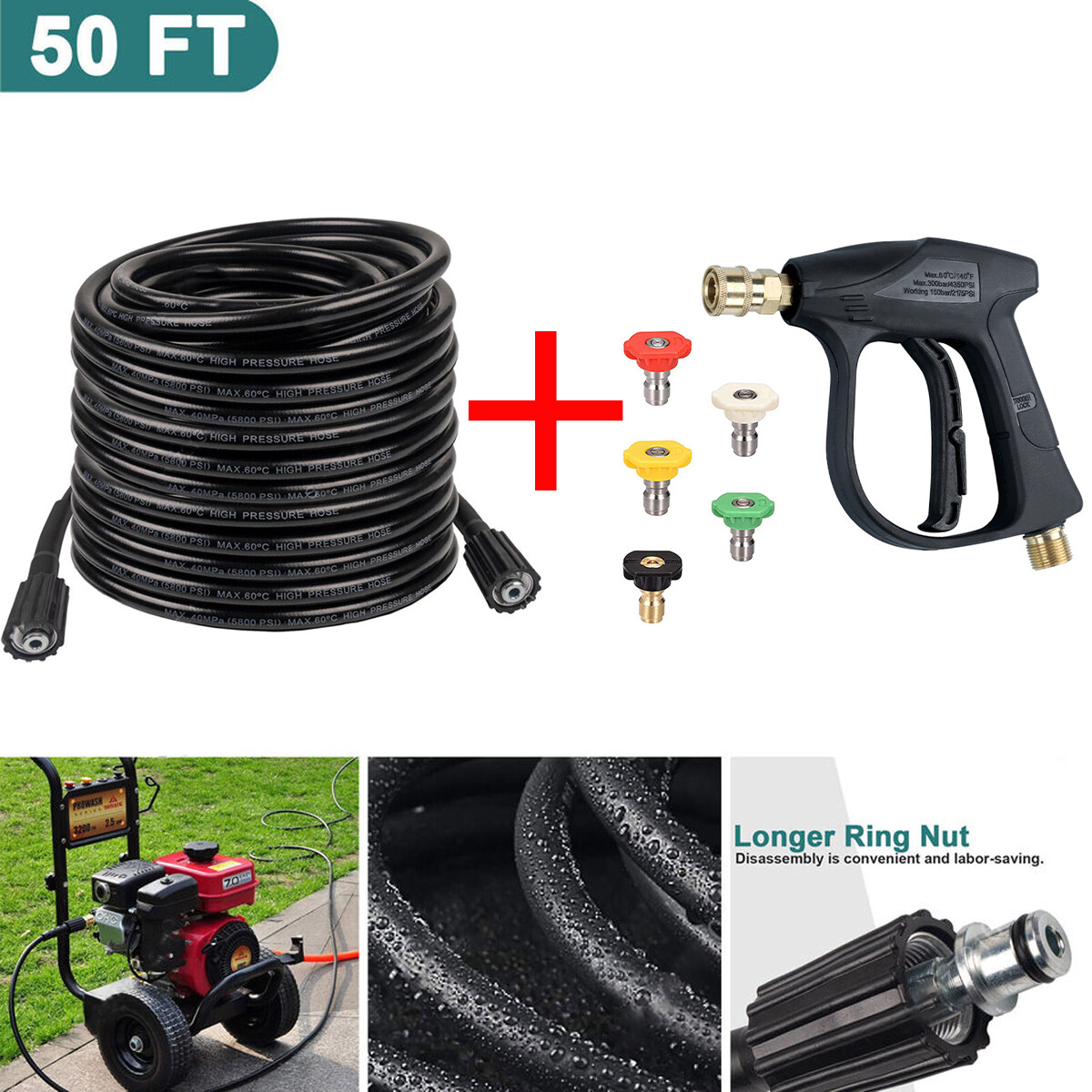 4350 PSI Car Wash Gun 50FT High Pressure Washer Hose 5800PSI