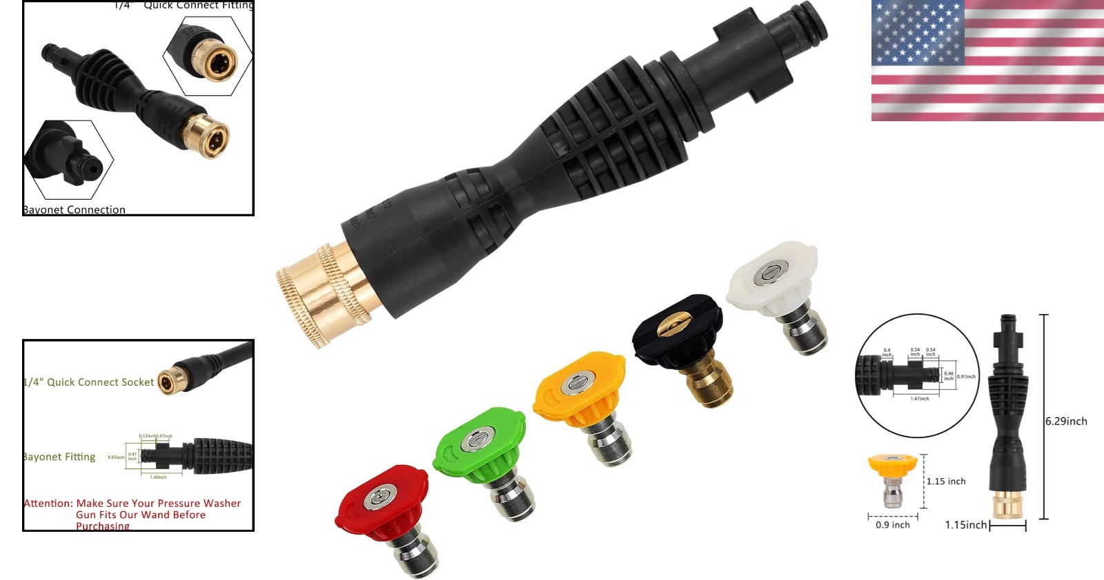 Pressure Washer Adapter Kit – 1/4″ Quick Connect, 5 Color-Coded Nozzles