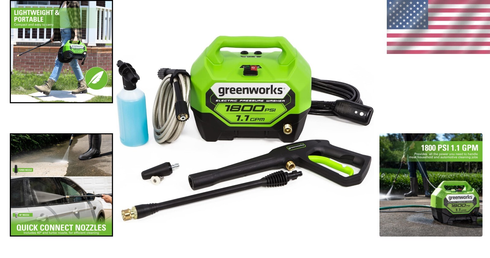 Versatile Greenworks 1800 PSI Pressure Washer – Includes Quick Connect Nozzles