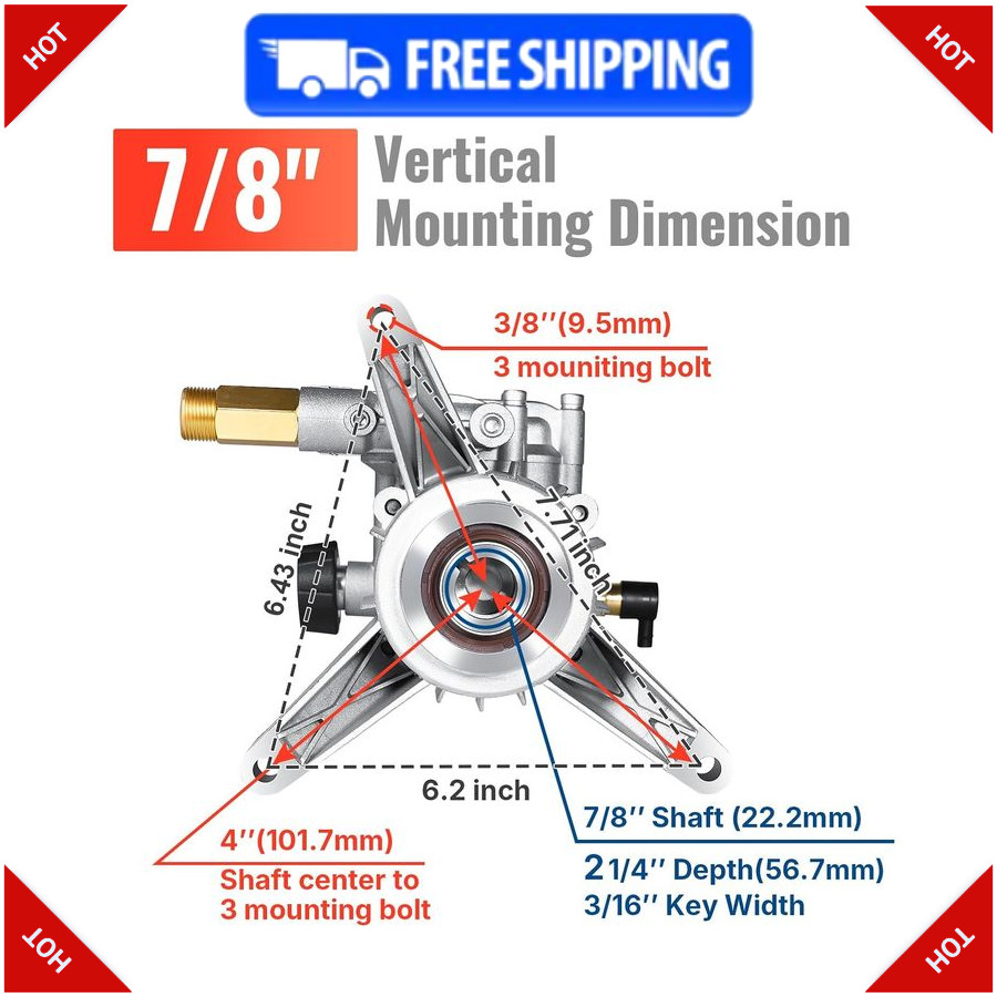 YAMATIC 7/8″ Shaft Vertical Pressure Washer Pump, 3000 PSI, 2.5 GPM Replacement
