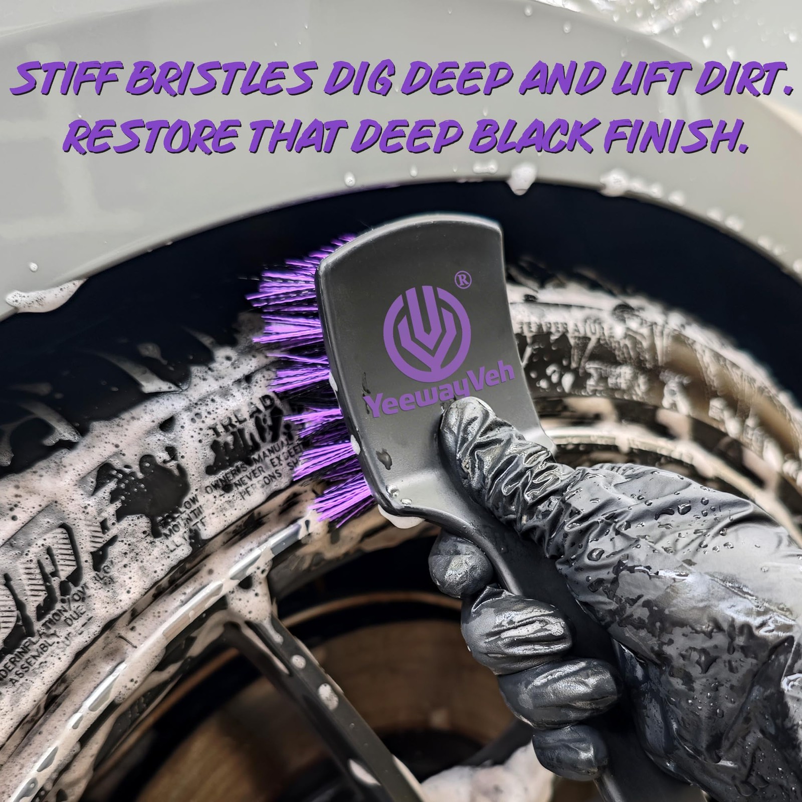 YeewayVeh Pro Tire Cleaning Brush, Stiff Mixed Bristles 1-Pack, Purple/Black