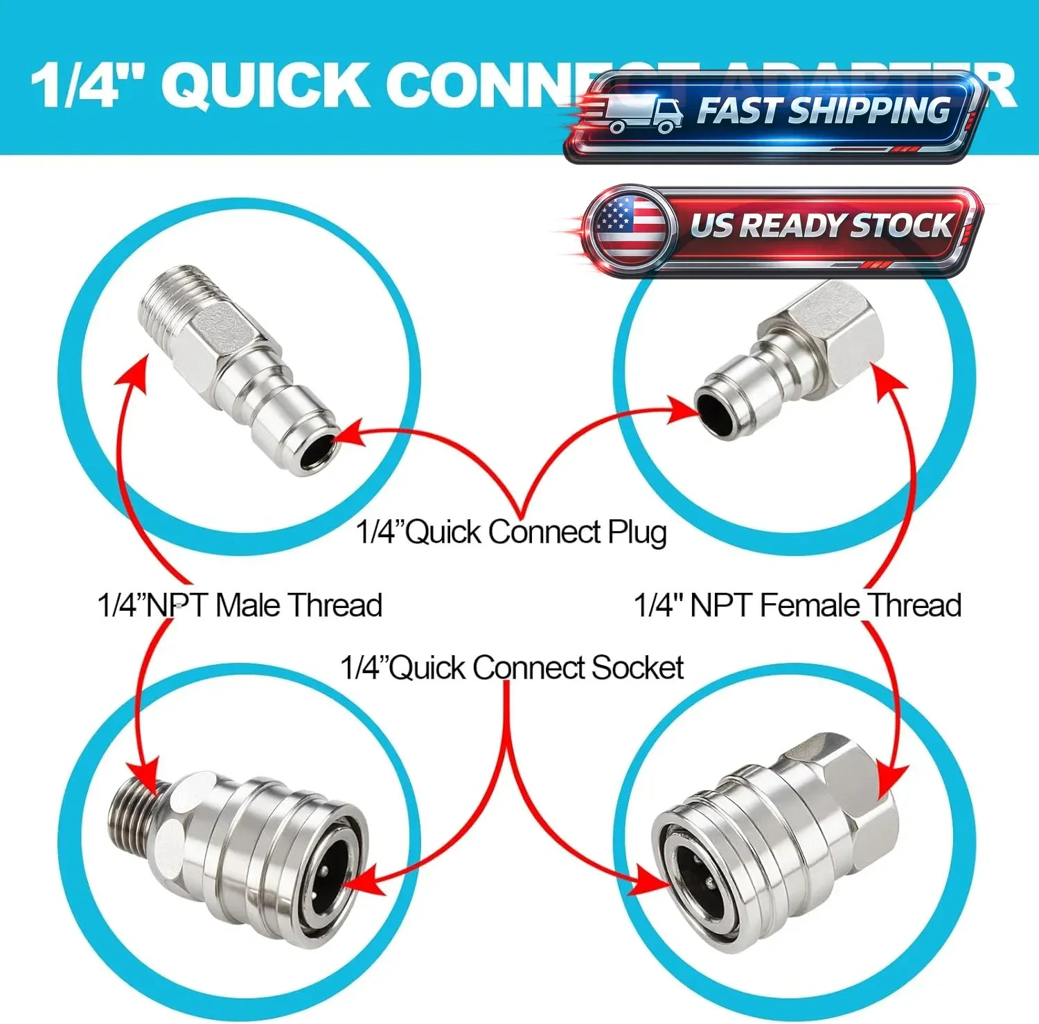 4Pcs NPT 1/4 Inch Pressure Washer Adapter Stainless Steel Quick Connect Fitting