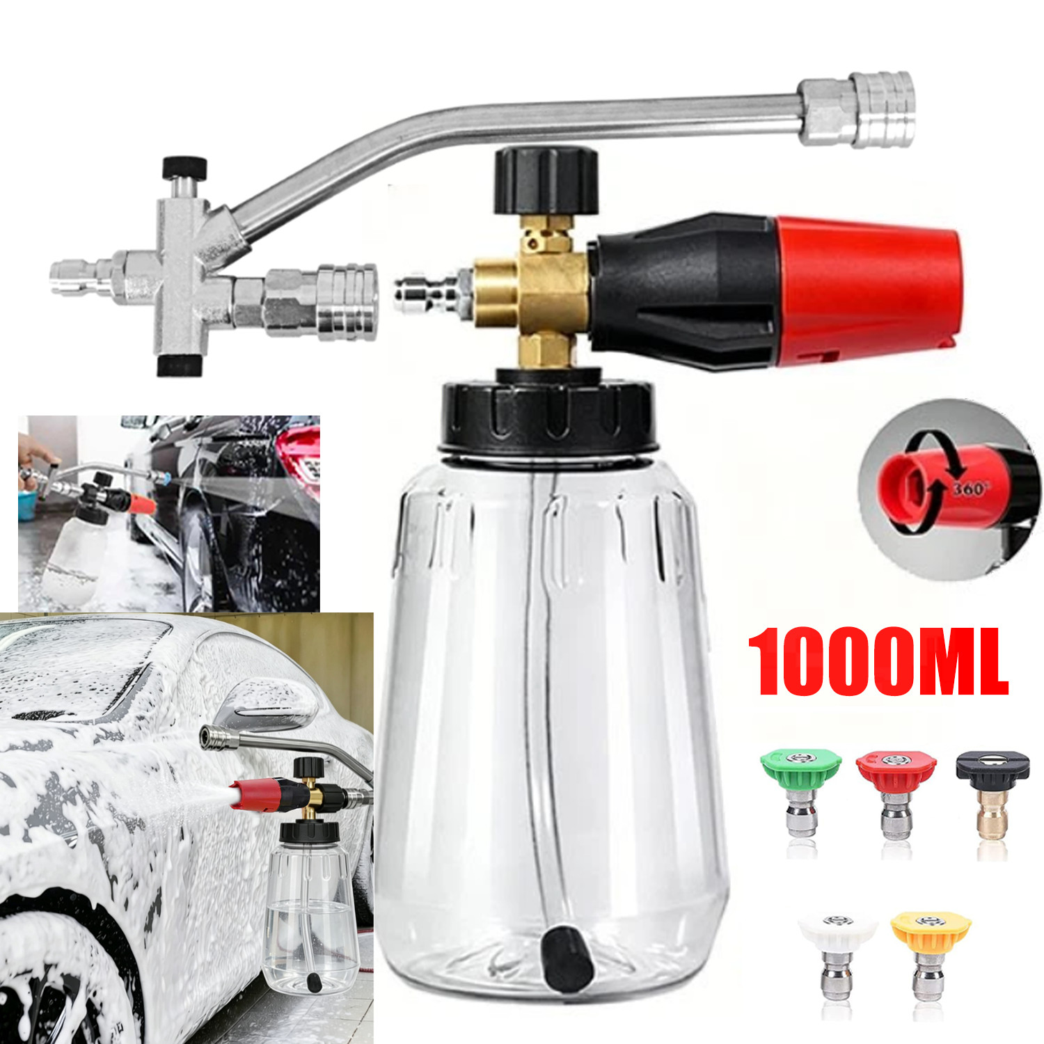1L Snow Foam Lance Cannon Soap Bottle Dual-Connector Double Tip Attachment NEW