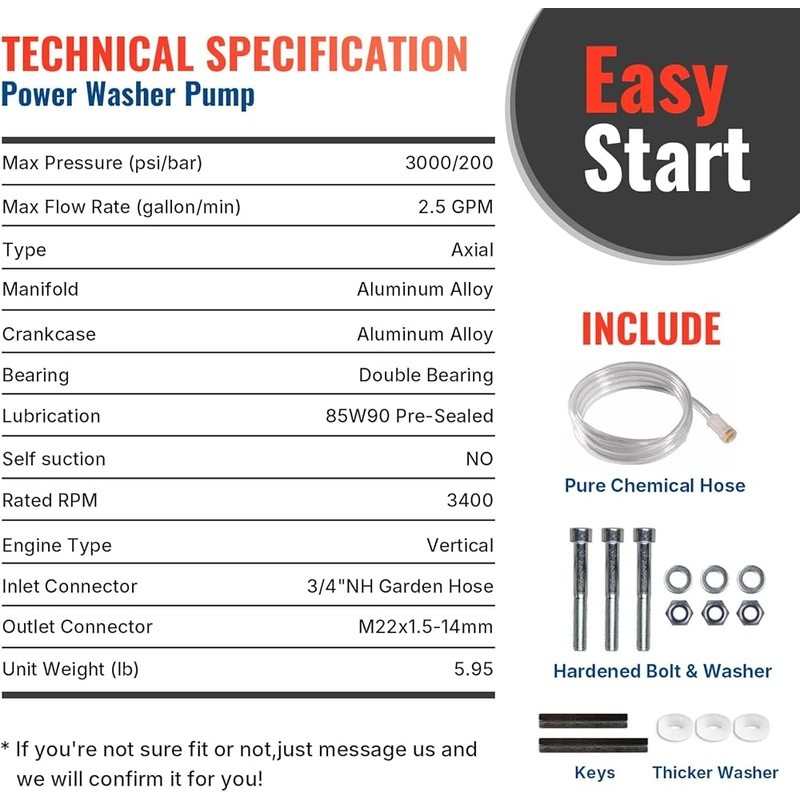 Vertical Pressure Washer Pump 3000 PSI 2.5 GPM Easy Start Adjustable Unloader US