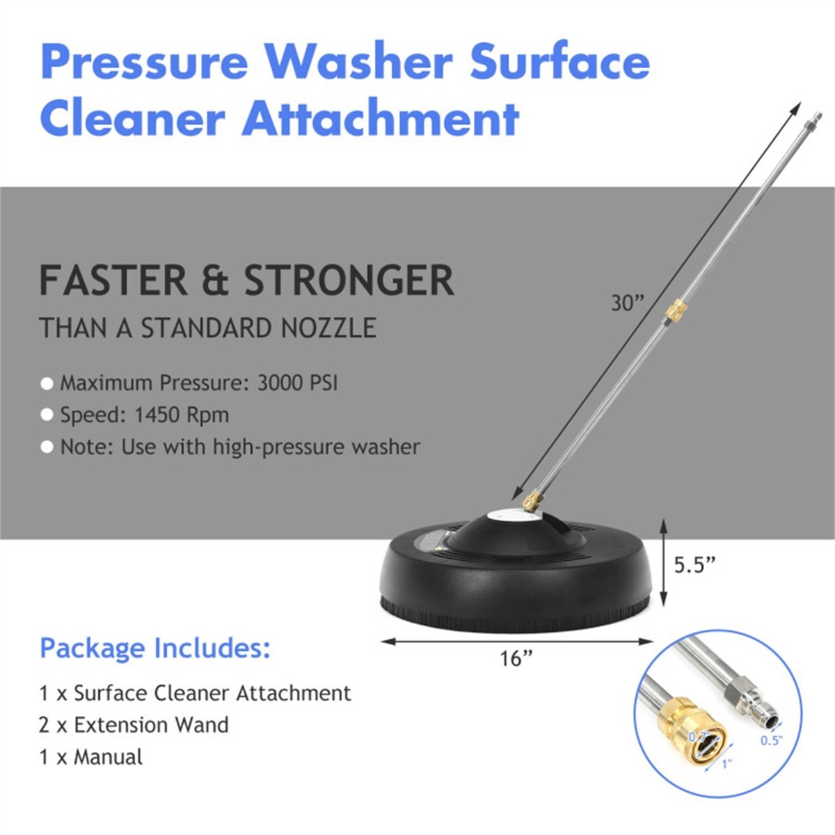 16 Inch Pressure Washer Surface Cleaner 3000PSI Power Washer Attachment for Deck
