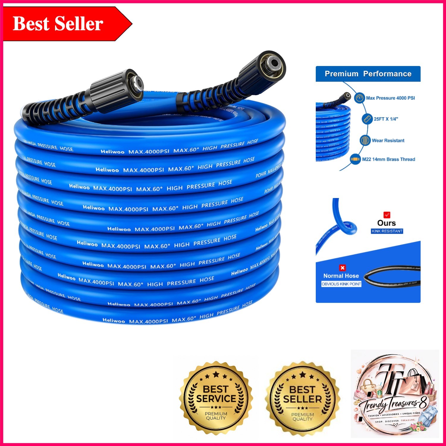 25FT Kink-Resistant Pressure Washer Hose — 4000 PSI, Universal M22 Fittings