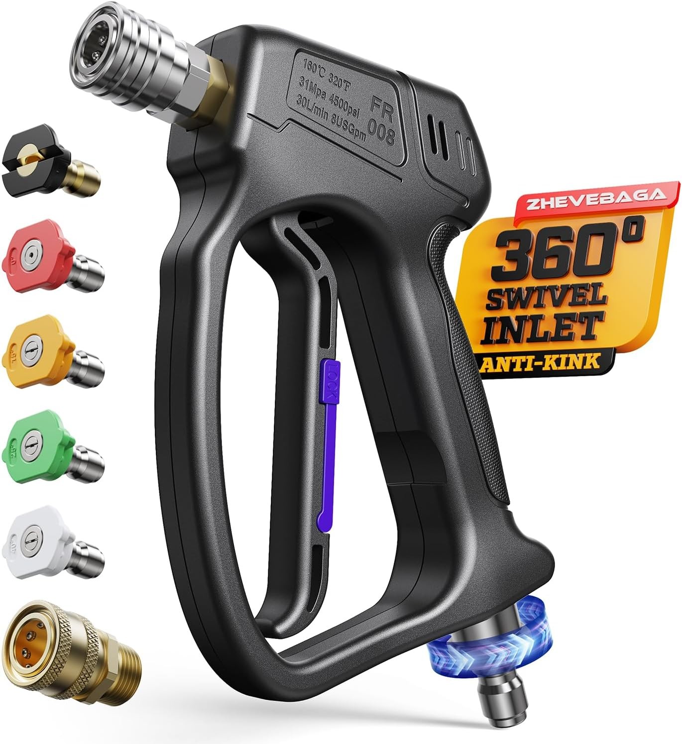 4500 PSI Short Pressure Washer Gun with 3/8″ & M22-14mm Connect, 5 Nozzles