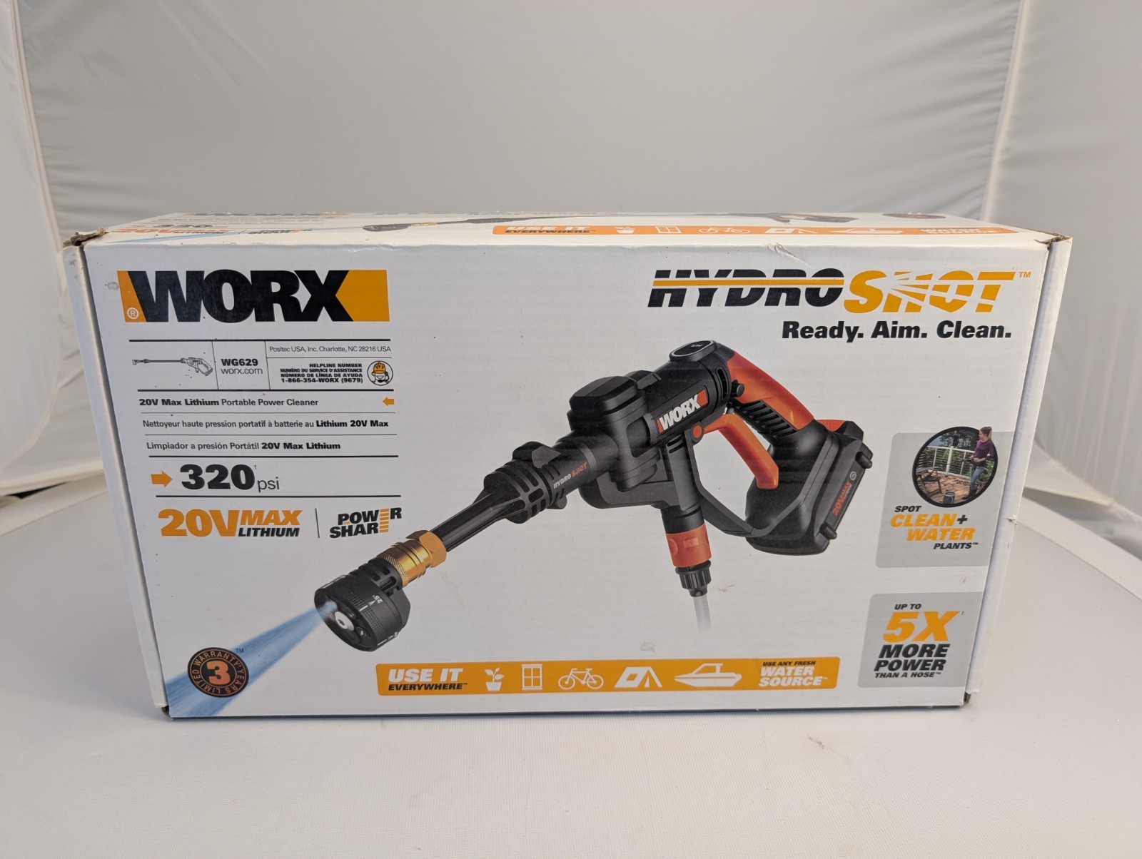 WORX Hydroshot 20V Cordless Portable Power Cleaner WG629/320 PSI